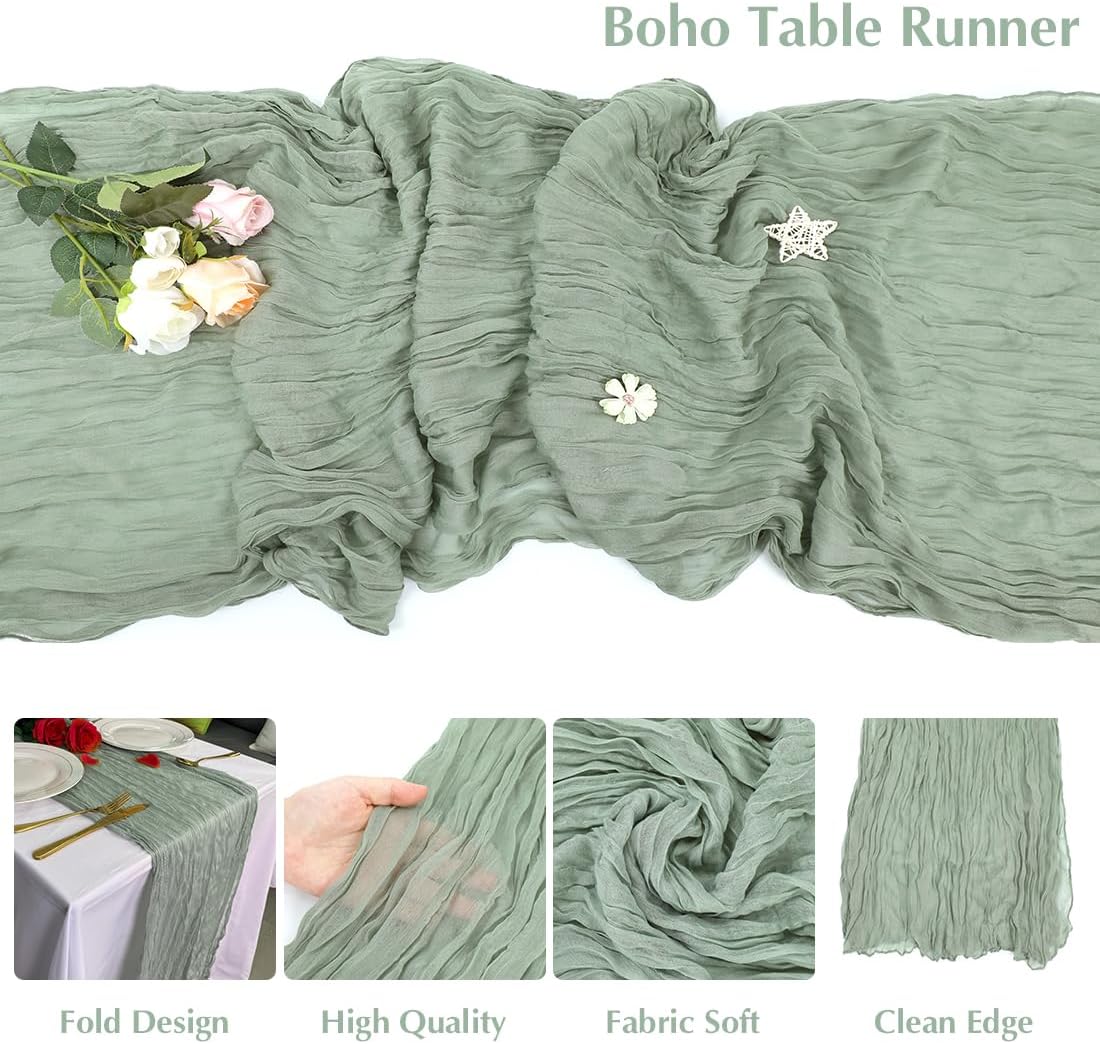 10 Pack Sage Green Cheesecloth Table Runner -21*120Inch Long Boho Wedding Table Decor, Rustic Gauze Fabric Runner for Bridal Showers, Baby Showers & Parties (Sheer, Lightweight, Wrinkled Design)