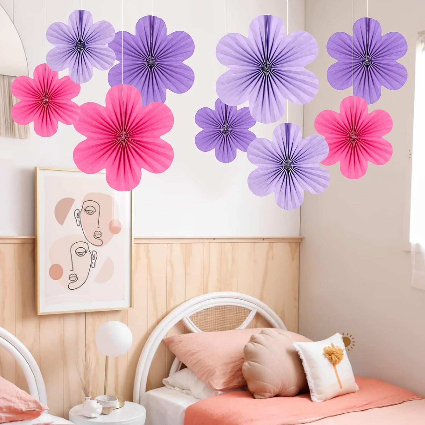 Paper Flowers Decorations for Wall Purple Paper Fans Classroom Decoration Floral Backdrop Decor Fans Hanging Pink Flower Wall Decor, Set of 9
