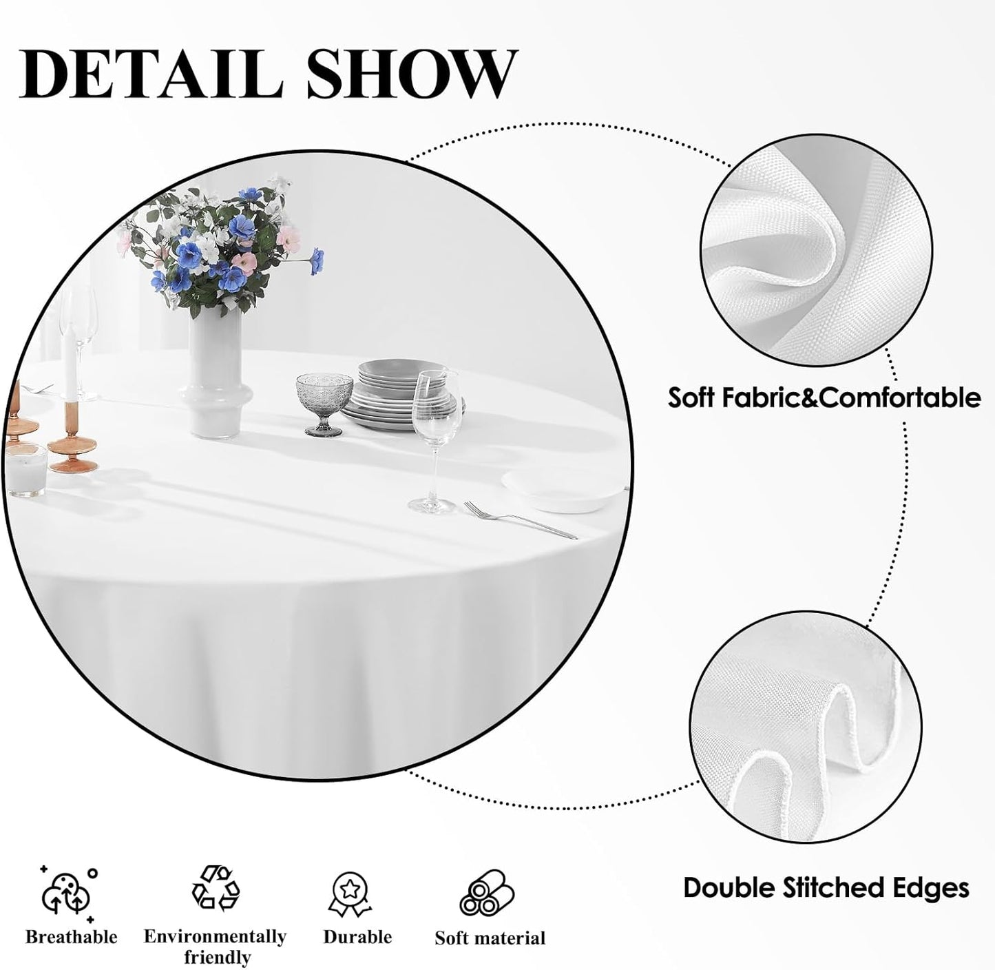 Round Tablecloth 120 Inch 2 Pack White Tablecloths Washable Decorative Linen Polyester Table Clothes Cover for Dining Table Banquets Buffet Parties and Wedding