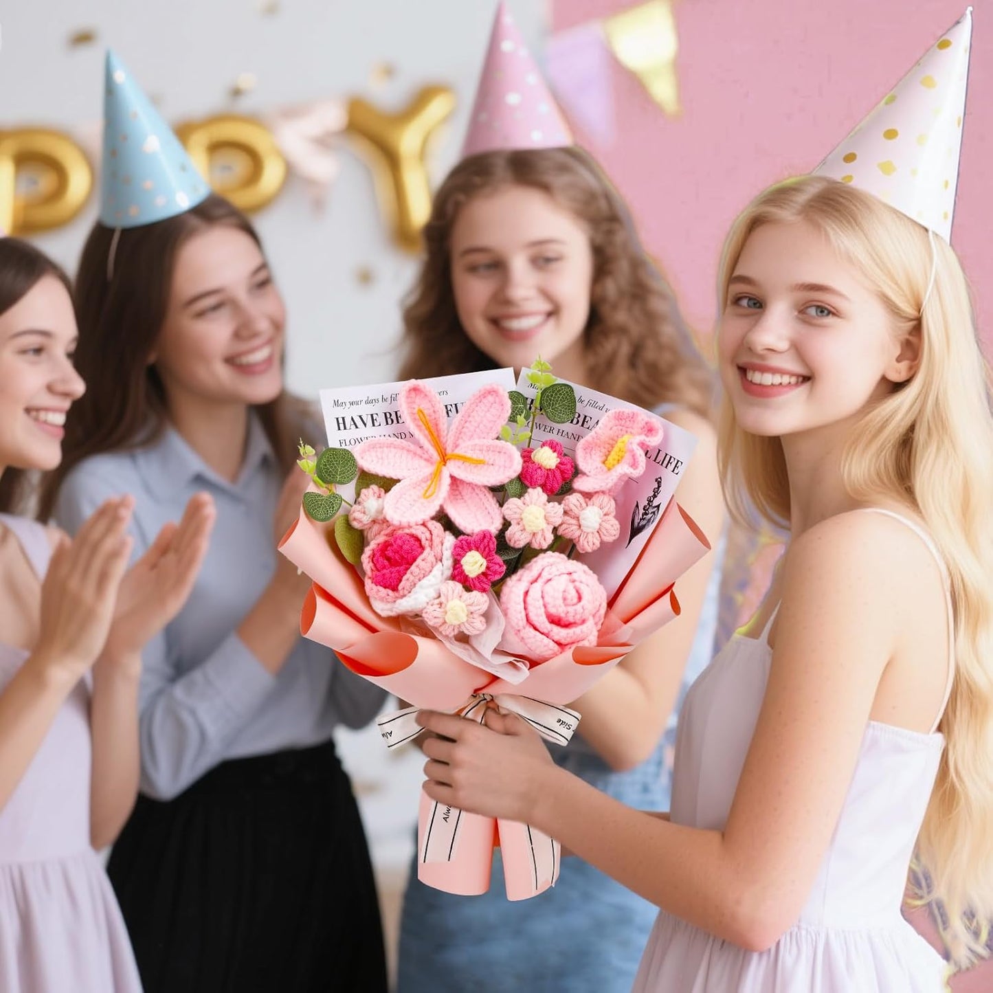 Crochet Flowers Bouquet, Handmade Knitting Crochet Flowers, Tulips Flower and Calla Lily Bouquet for Birthday, Teacher’s Day, Graduation, Valentines (Pink)