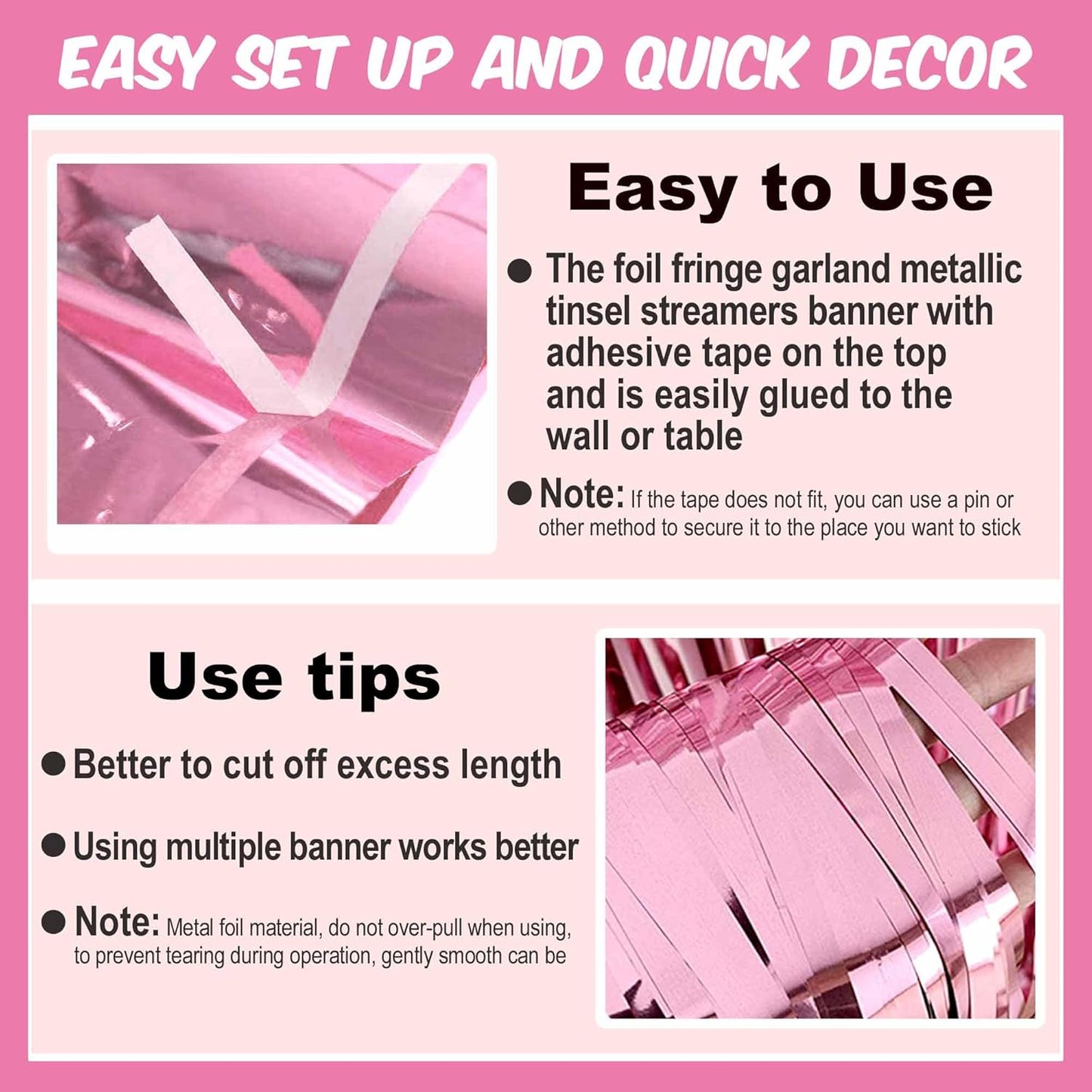 6 Pack 10 Ft Pink Foil Fringe Garland Metallic Streamers Tinsel Banner Wall Hanging Garland Backdrop for Parade Floats, Halloween, Christmas, Thanksgiving, New Year Party Decorations