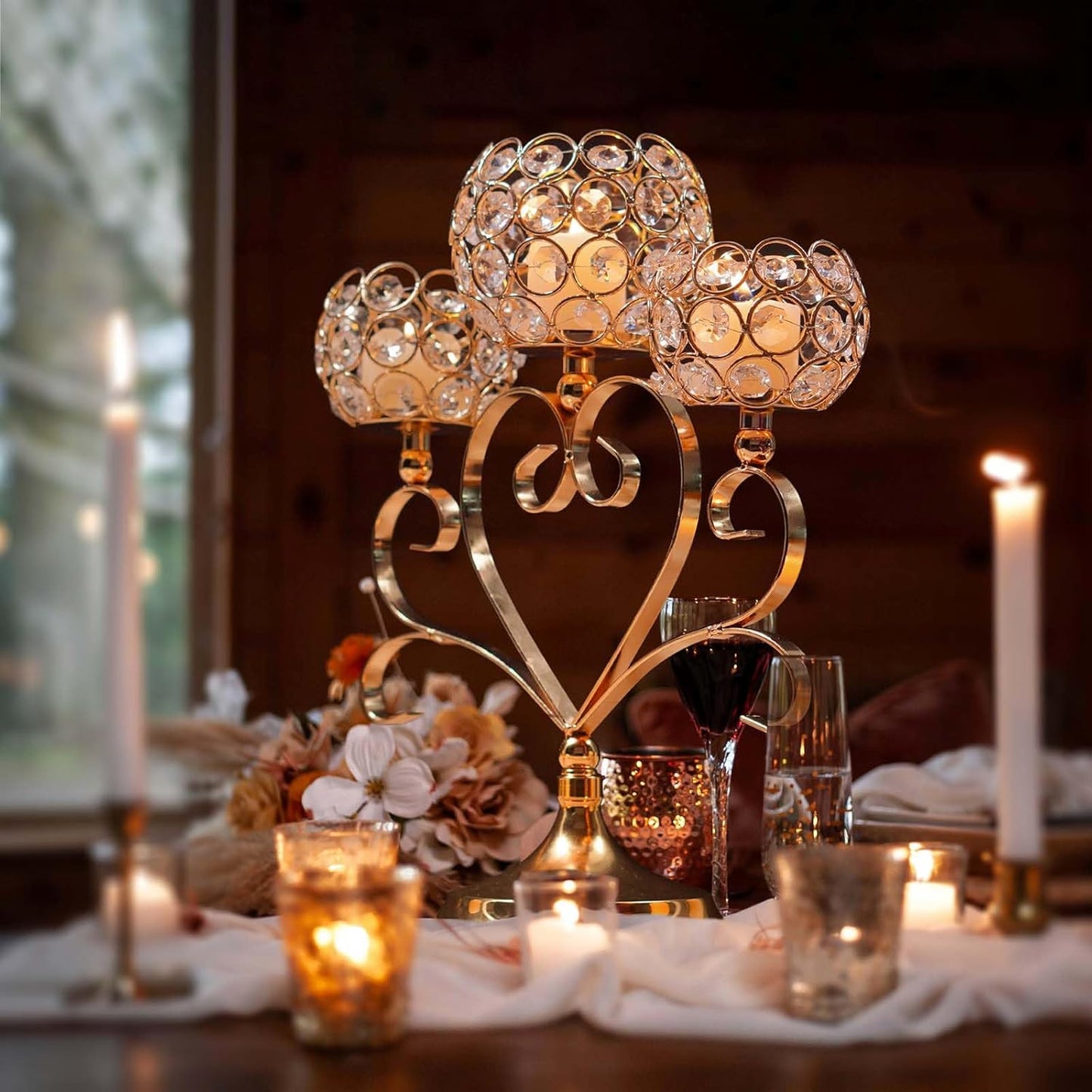 6 Pcs Gold 3-Arm Heart Tea Light Candle Holder - Crystal & Metal Wedding Centerpiece Decor, Sparkling Table Decor for Anniversaries/Romantic Tabletop Home/Dinner Party/Events