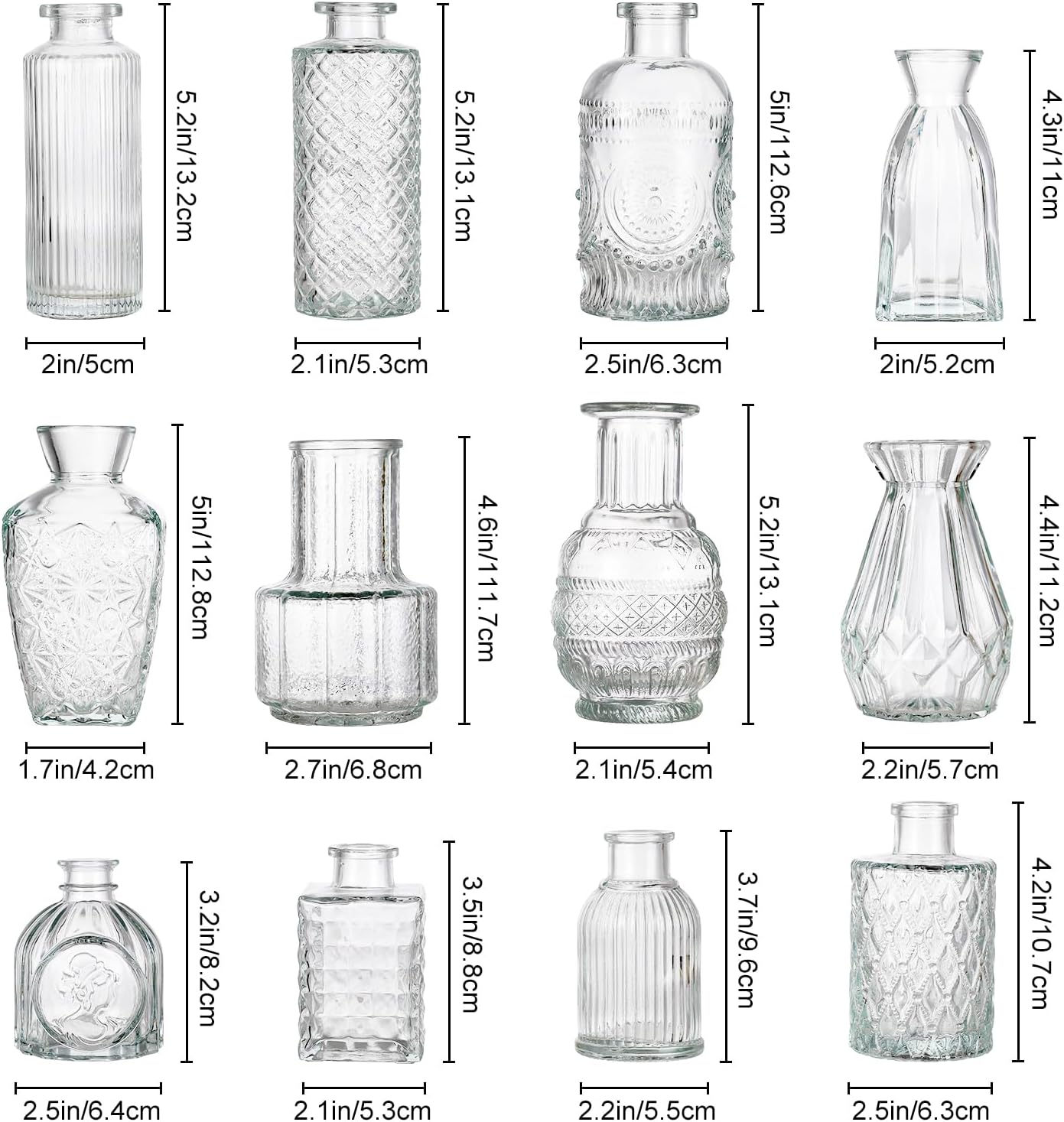 12 Pcs Small Glass Bud Vase Set of，Mini Vintage Vases in Bulk, Clear Bud Vases for Centerpieces， Rustic Wedding Decorations，Home Table Flower Décor.