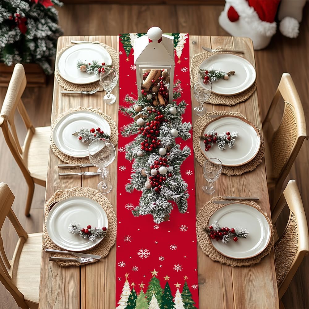 GEEORY Christmas Table Runner 13x60 Inch, Xmas Trees Snowflakes Holiday Decorative Farmhouse Table Decoration for Kitchen Dinning, Indoor Outdoor Dinner Party Decor (Red) GT150-60
