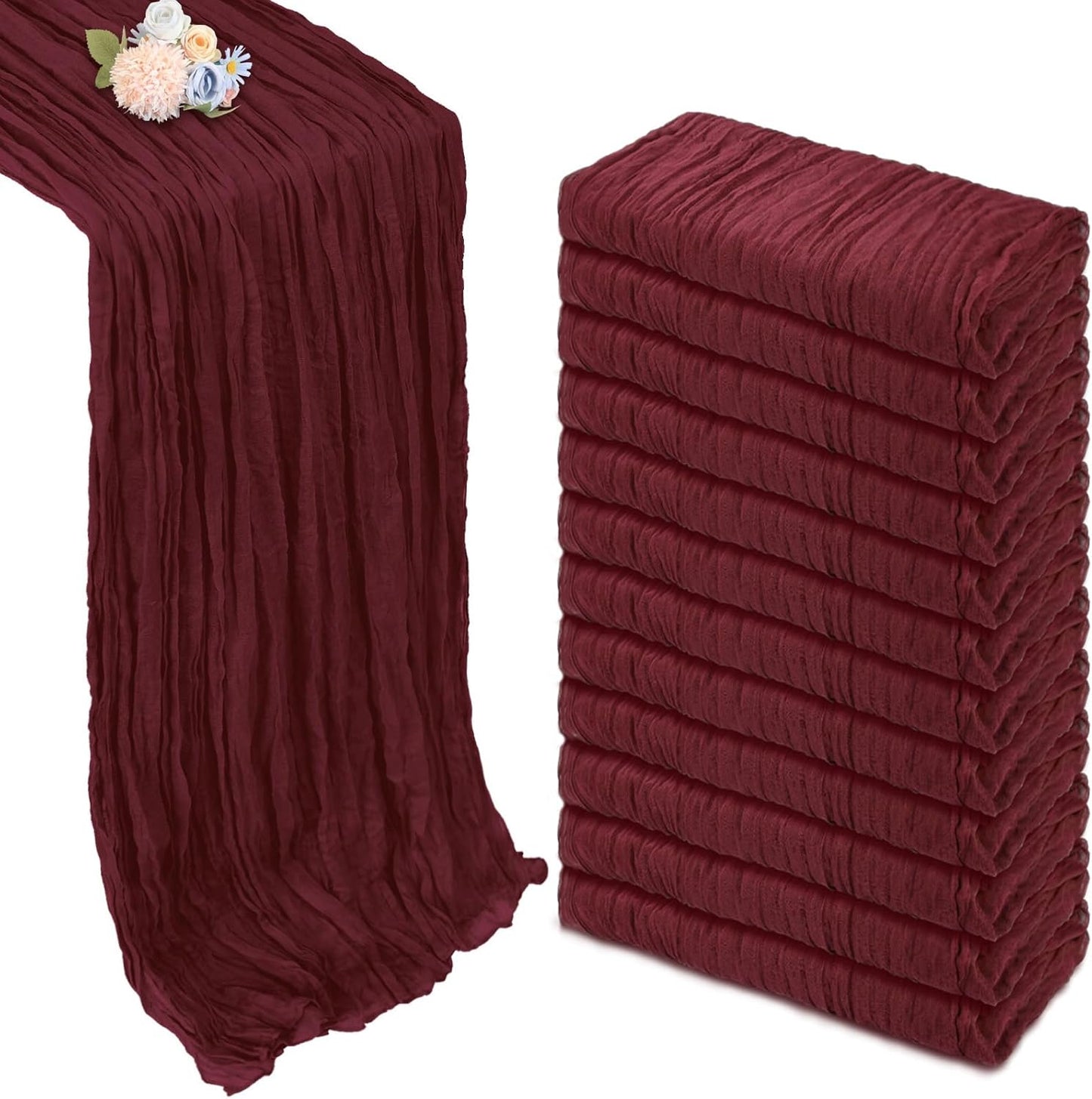 12 Pack Burgundy Cheesecloth Fall Table Runner 10ft Boho Gauze Fabric Cheese Cloth Table Runner 35 x 120 Inch Rustic Sheer Runner for Romantic Wedding Decor Baby Shower Party Centerpiece Decoration