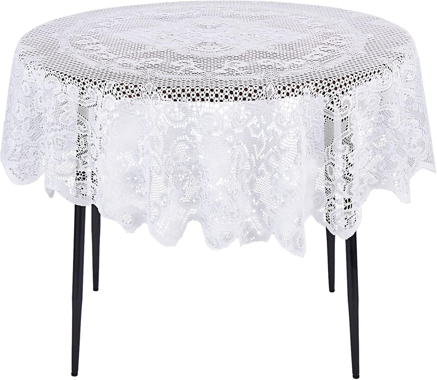 Juvale Round Lace Tablecloth - 59-Inch White Polyester - Scalloped Edge Circle Tablecloth with Floral Overlay & Vintage Decor for Wedding Receptions & Home