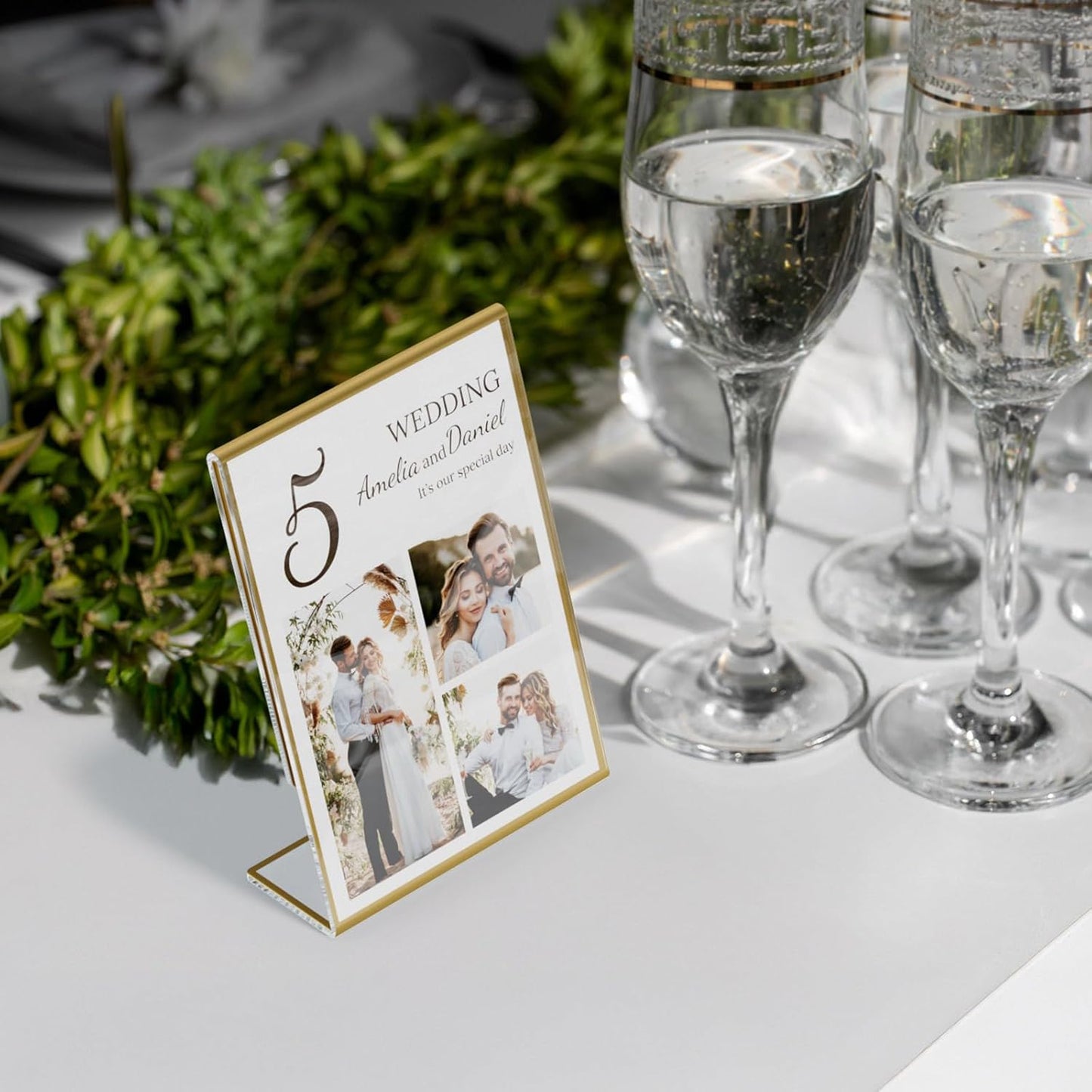 NIUBEE 6 Pack 5 x 7 Acrylic Gold Frame, Slanted Back Table Sign Holder for Wedding Table Numbers, Restaurant Signs, Photos and Art Display Visit the Store