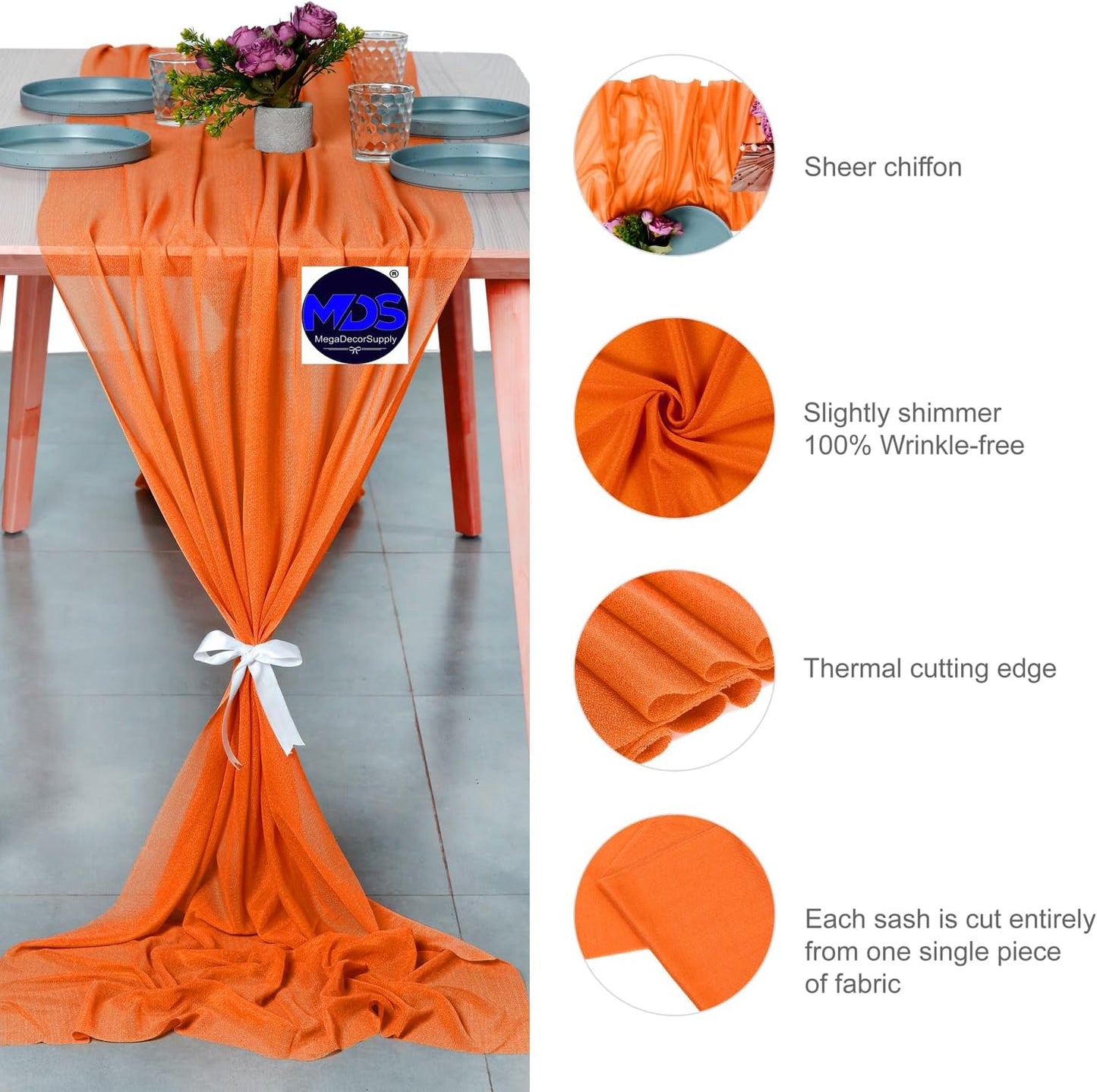 MDS 10 Pack 10ft Chiffon Table Runner 29 x 120 Inches Sheer Wedding Runner Romantic Rustic Table Runner for Wedding Decorations, Birthday Parties, Bridal Shower Party Arch Decor - Orange