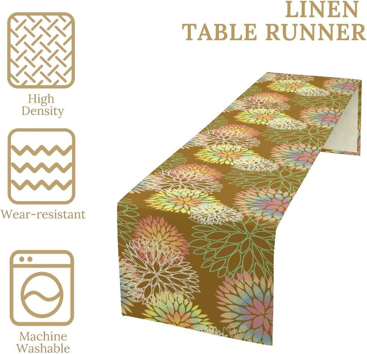 Brown Grey Dahlia Flower Table Runner, Linen Geometric Pattern Floral Table Decor Spring Farmhouse Decorations for Kitchen Dining Holiday Party Decor, 13x36 Inch