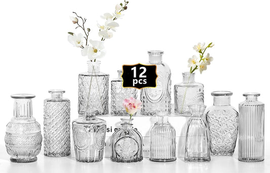 12pcs Mini Bud Vases As Wedding Centerpieces for Tables,Clear Bud Vases for Flowers,Small Flower Vases Suitable for Birthday Party,Anniversary,Wedding Reception,Baby Shower (Clear)