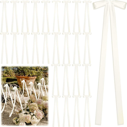 24 Pcs Large Wedding Ivory Ribbon Bows for Wedding Chairs Decorative Ribbon Sashes for Pew Back Elegant Ceremony Ribbons for Bridal Shower Banquet Marriage Ceremony