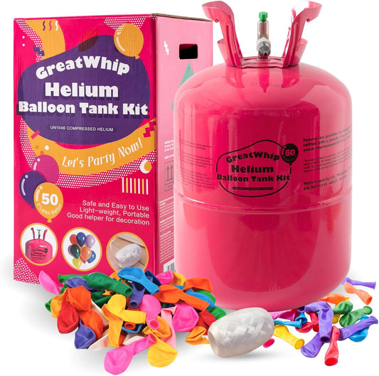 GreatWhip 13L Helium Tank Up To 50 Latex Balloons, Helium Tank For Balloons At Home, 50 Latex Balloons And Ribbons Included.