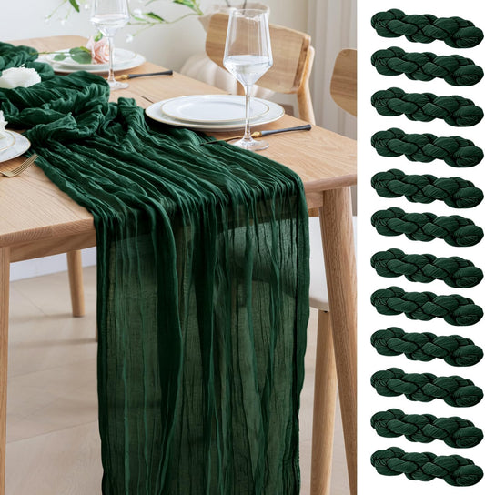 Asee'm 12PCS Table Runner Cheesecloth 10FT Emerald Green Boho Gauze Fabric Rustic Sheer Cheese Cloth Runners for Wedding Bridal Shower Party