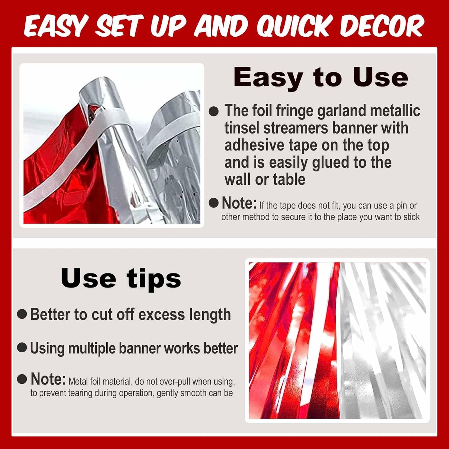 4 Pack 10 Ft Red and Silver Foil Fringe Garland Metallic Streamers Tinsel Banner Wall Hanging Garland Backdrop for Parade Floats, Halloween, Christmas, Thanksgiving, New Year Party Decorations