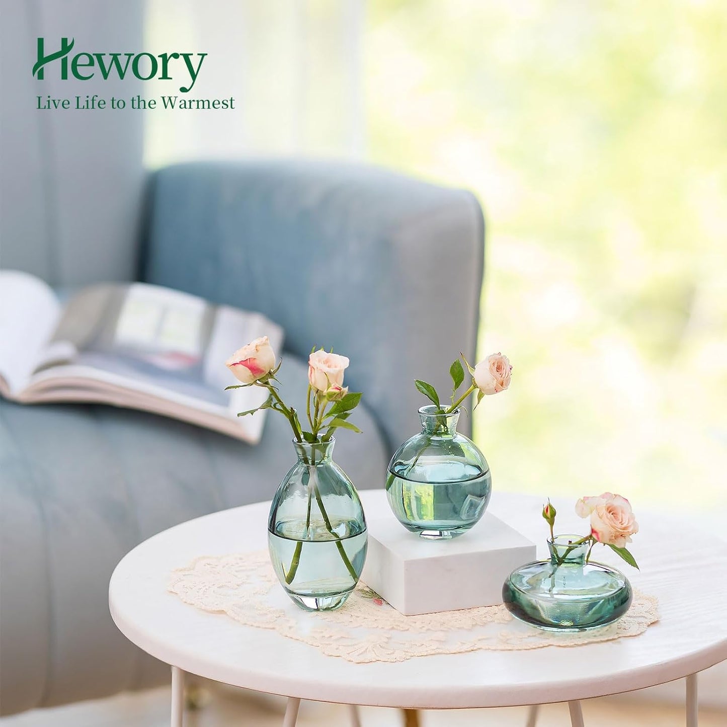 Glass Bud Vases Set of 6, Hewory Cute Green Small Vases Handmade, Mini Glass Flower Vase for Floral Arrangements, Tiny Centerpiece for Home Office Wedding Party Events Table Decor (Not Include Flower)