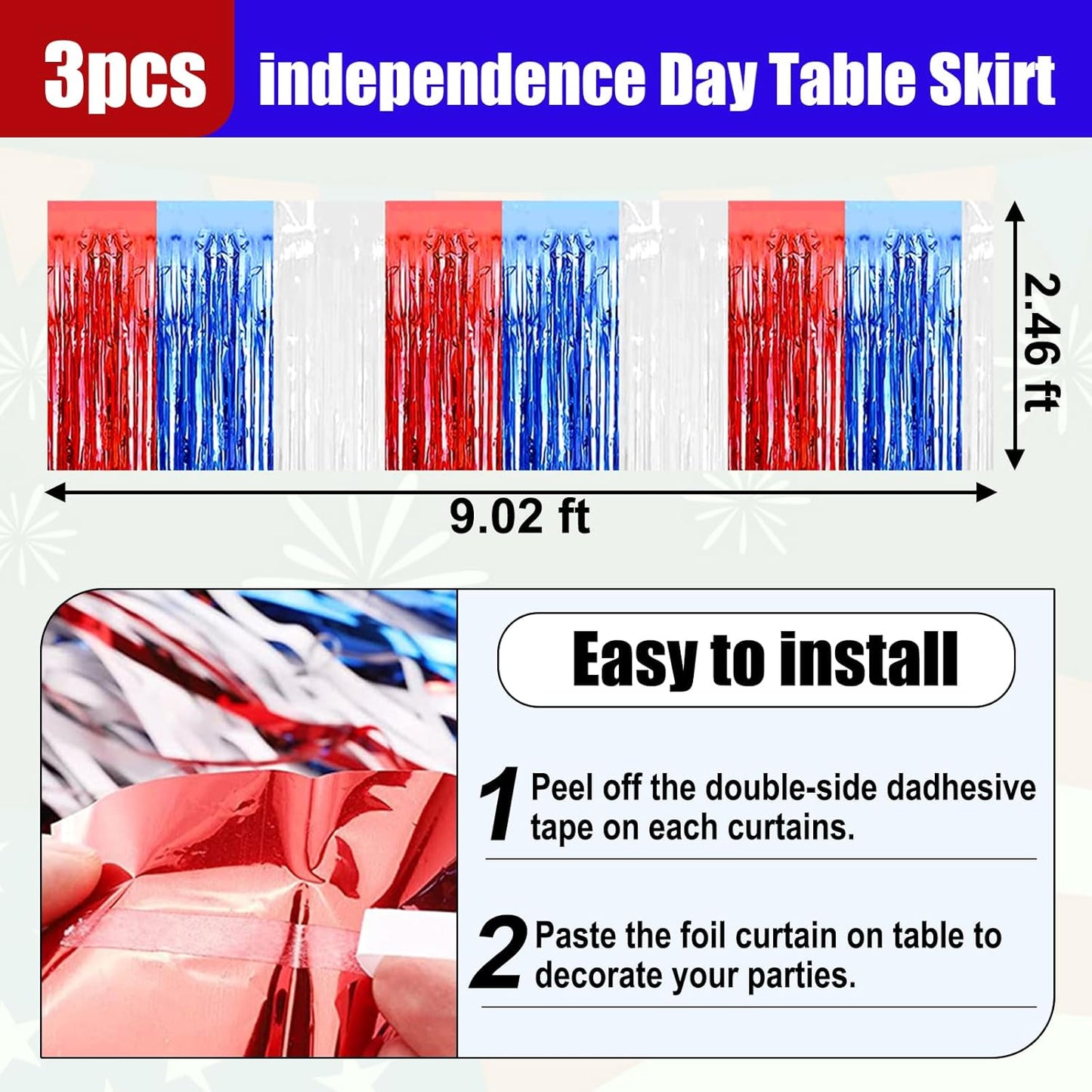 3 Pack 29x108 Inch White Blue Red Foil Fringe Table Skirts Metallic Banner for Tinsel Streamer Garland Backdrop for Parade Floats Wedding Thanksgiving Birthday Christmas Halloween Party Decoration