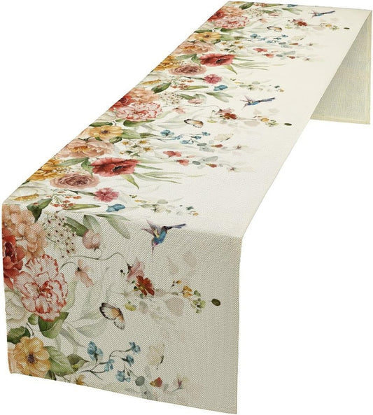 Rustic Floral Table Runner, Watercolor Flower Leaves Hummingbird Butterfly Farmhouse Kitchen Dinning Table Runner for Indoor Outdoor Home Wedding Party Holiday, 13x120 Inch