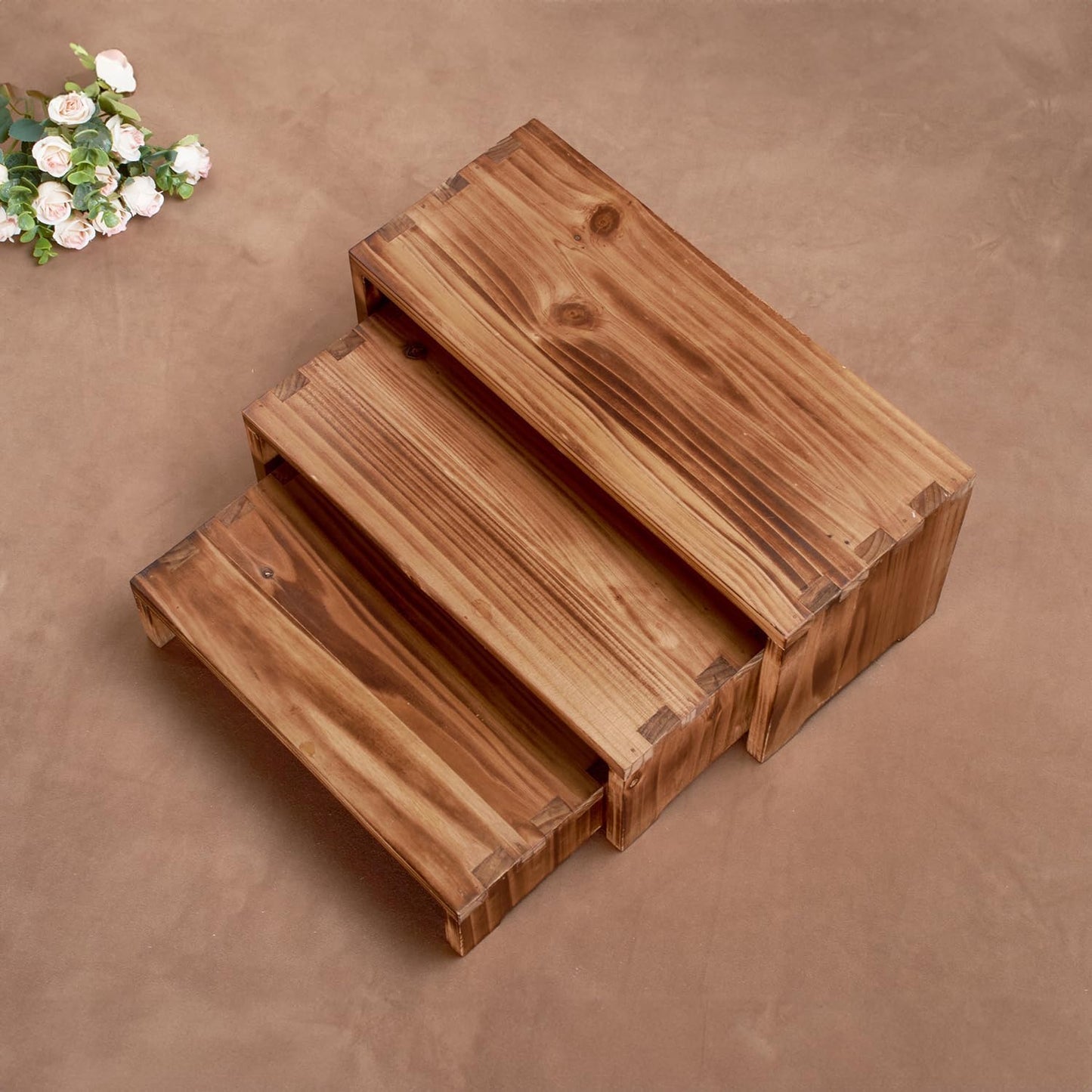 Set of 3 Wooden Rustic Cupcake Stand for 24 Cupcakes, Stepped Wood Display Stand for Weddings, Tiered Party Buffet Table Display Nesting Riser for Food , Dessert, Cookie, Craft Show, Burnt