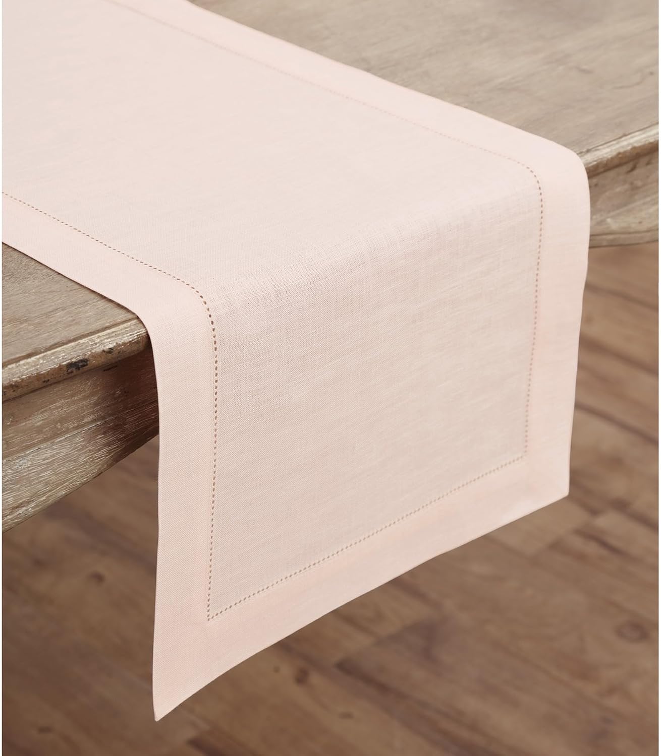 Solino Home Linen Pink Table Runner 60 Inches - Classic Hemstitch, 100% Pure Linen Coffee Table Runner 14 x 60 Inch Ideal for Dresser Tables - Halloween