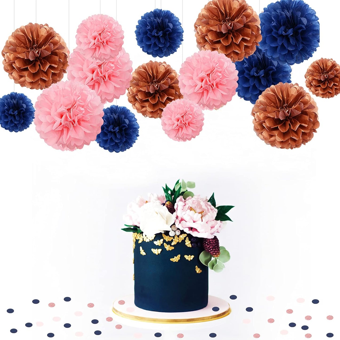 Gender-Reveal Decorations Tissue Paper Pom-Poms - 15pcs 5 Size Navy Blue Pink Rose Gold Paper Flowers,Birthday Bachelorette Bridal Shower Room Decor Engagement Party Decoration Panduola