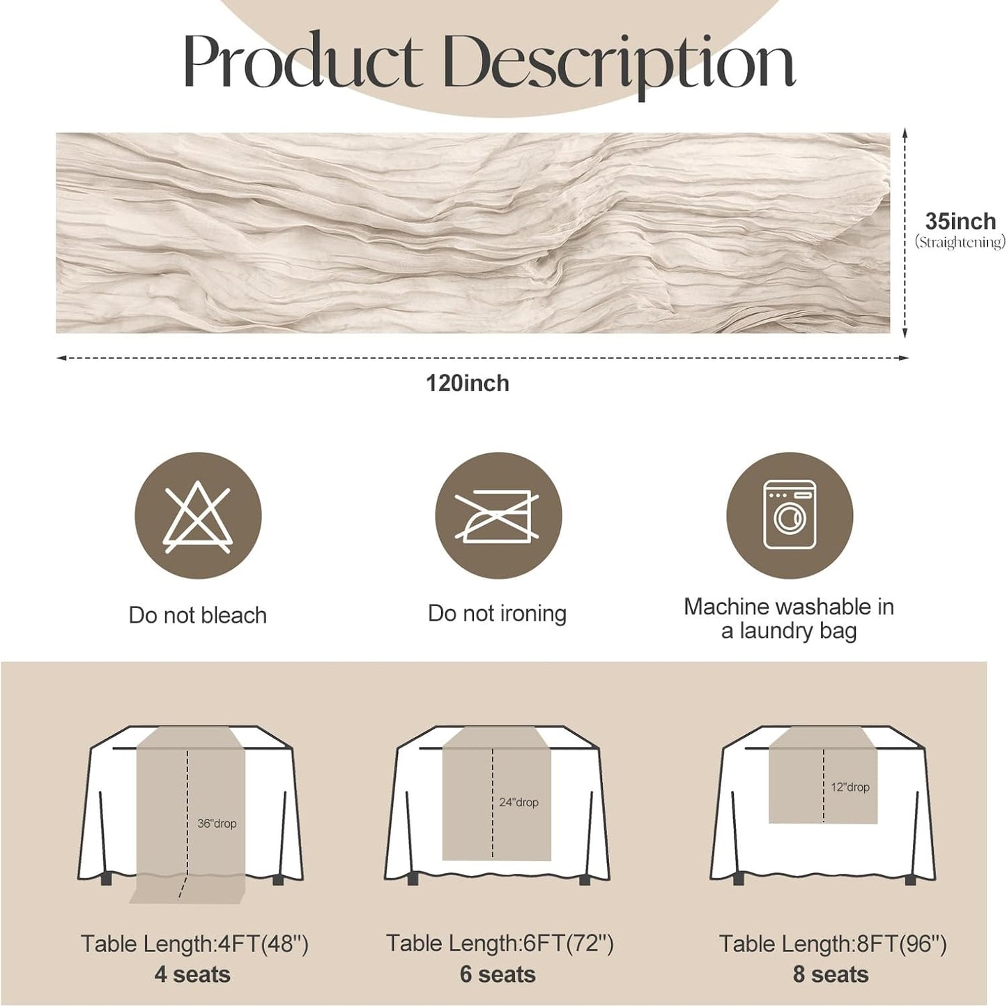 2 Pcs Begie Cheesecloth Table Runner - 120 inch 10FT Boho Rustic Gauze Cheese Cloth Table Runner Decor for Spring Summer Party Wedding Birthday Baby Bridal Shower Home