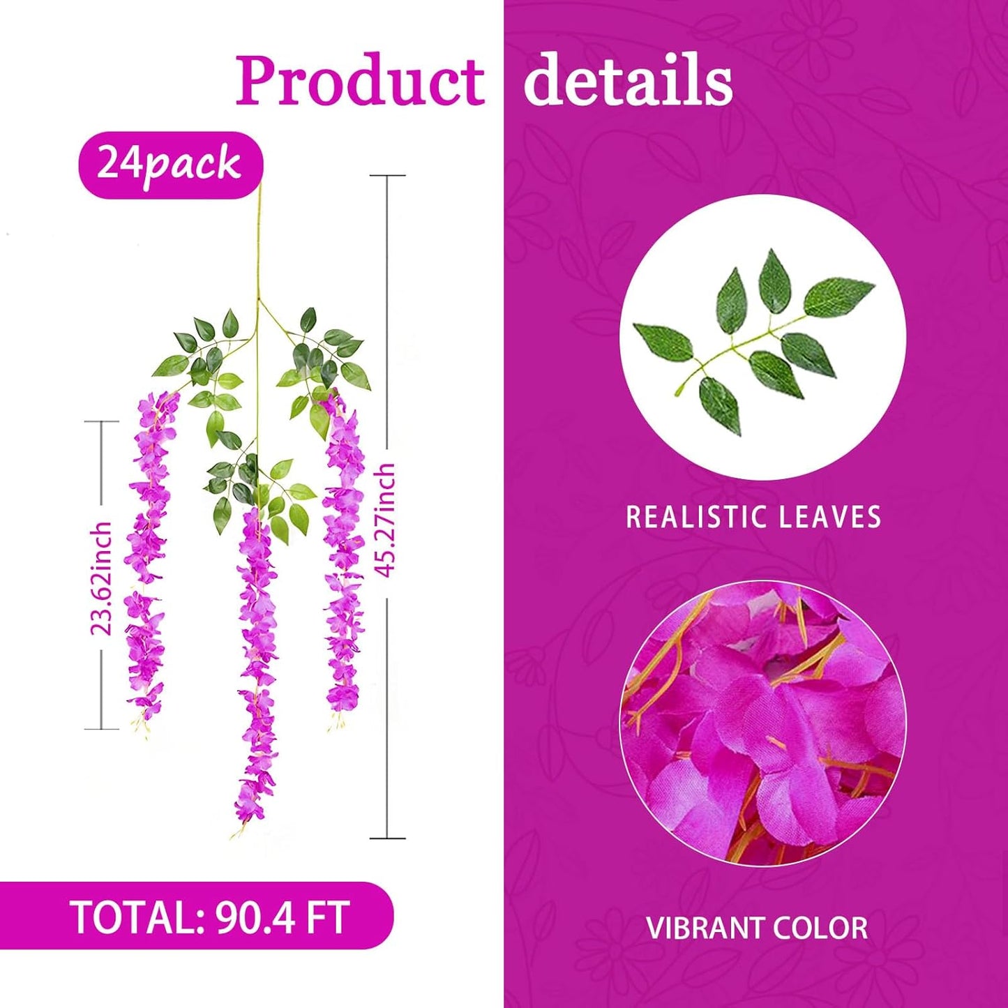 24 Pack Purple Red Wisteria Hanging Flowers Garland, 3.77 Feet Artificial Flower Vines, Fake Wisteria, Artificial Vines Hanging Garland for Backdrop Outdoor Yard Garden Decor