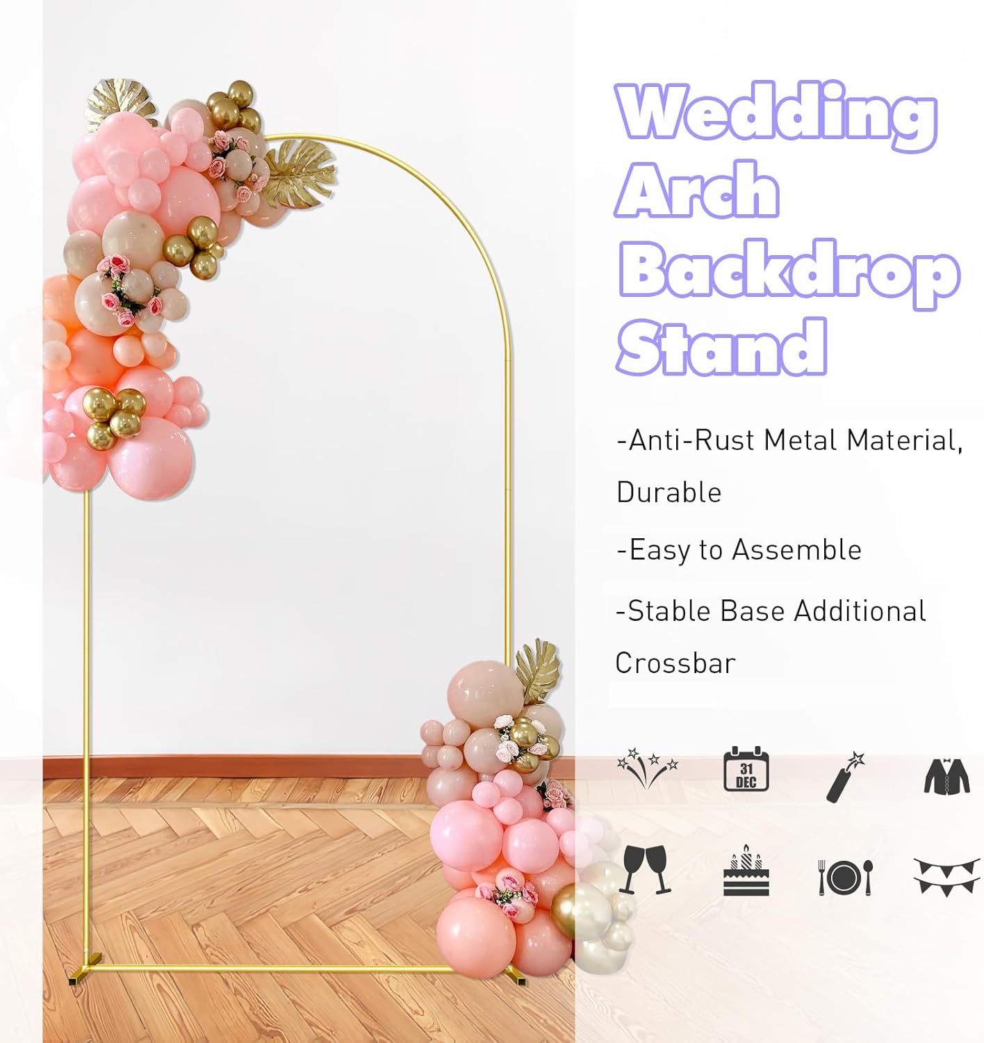Wedding Arch Backdrop Stand 6FT Gold Wedding Balloon Arched Backdrop Stand Square Arch Frame for Birthday Party Bridal Baby Shower Ceremony Decoration, ZG02-3