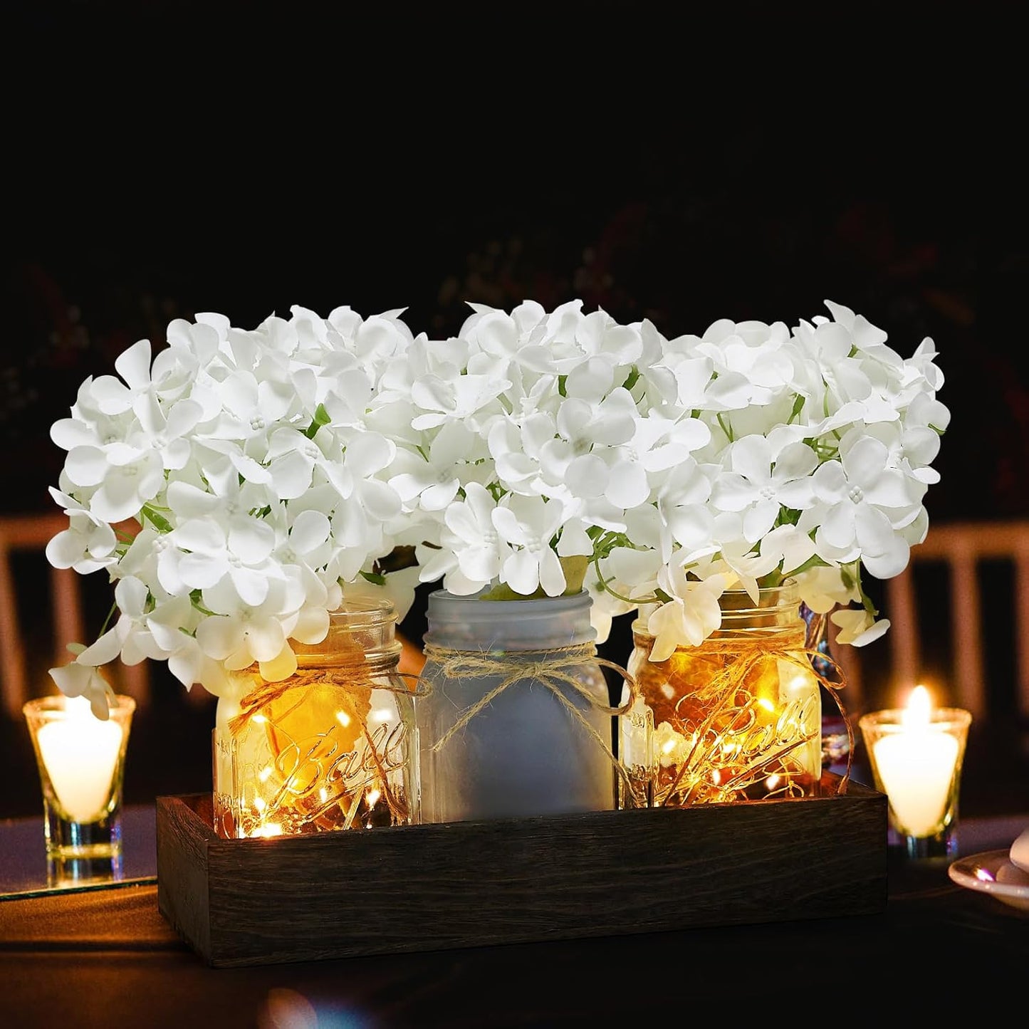 Mason Jar Lights Centerpiece Table Decor for Dining Room Farmhouse Coffee Table Decor with Wood Tray Fairy Lights Fake Hydrangea Flowers for Kitchen Living Dining Room - White
