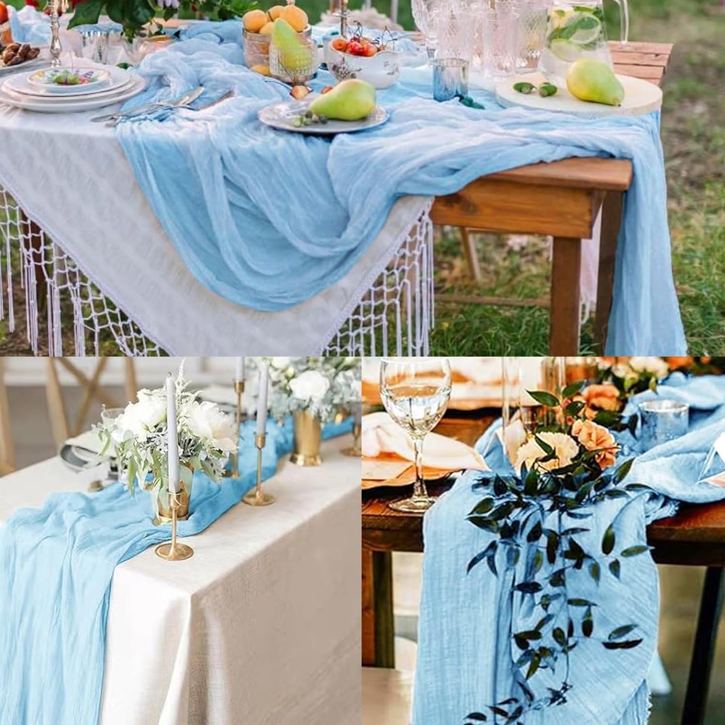 6 Pack Baby Blue Cheesecloth Table Runner 20 x 120 Inch Long Rustic Gauze Cheese Cloth Table Runner for Wedding 10FT Bridal Baby Shower Table Decorations Boho Fabric Sheer Birthday Party Table Decor