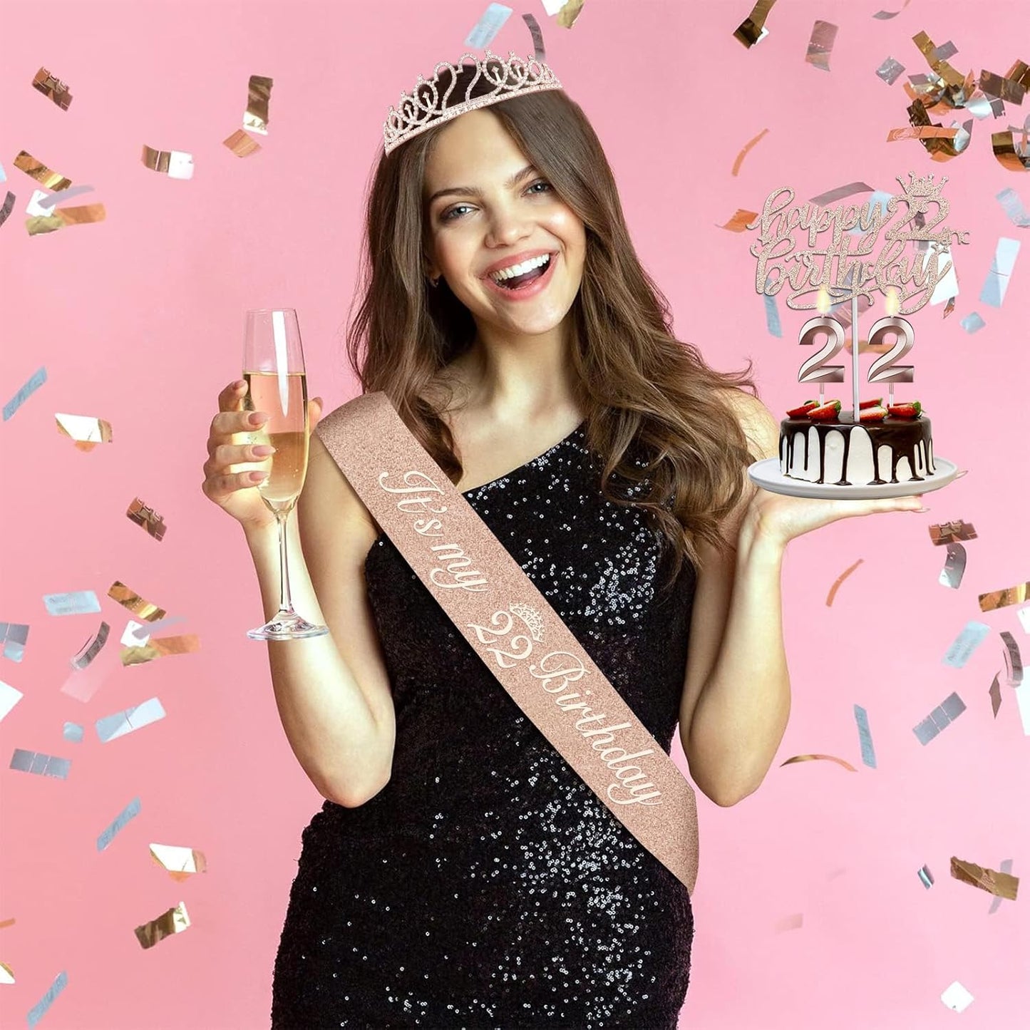 22 Birthday Decorations for Women Including Sash and Tiara, Cake Topper and Candles, 22nd Birthday Gifts for Women, Rose Gold Party Decor Supplies