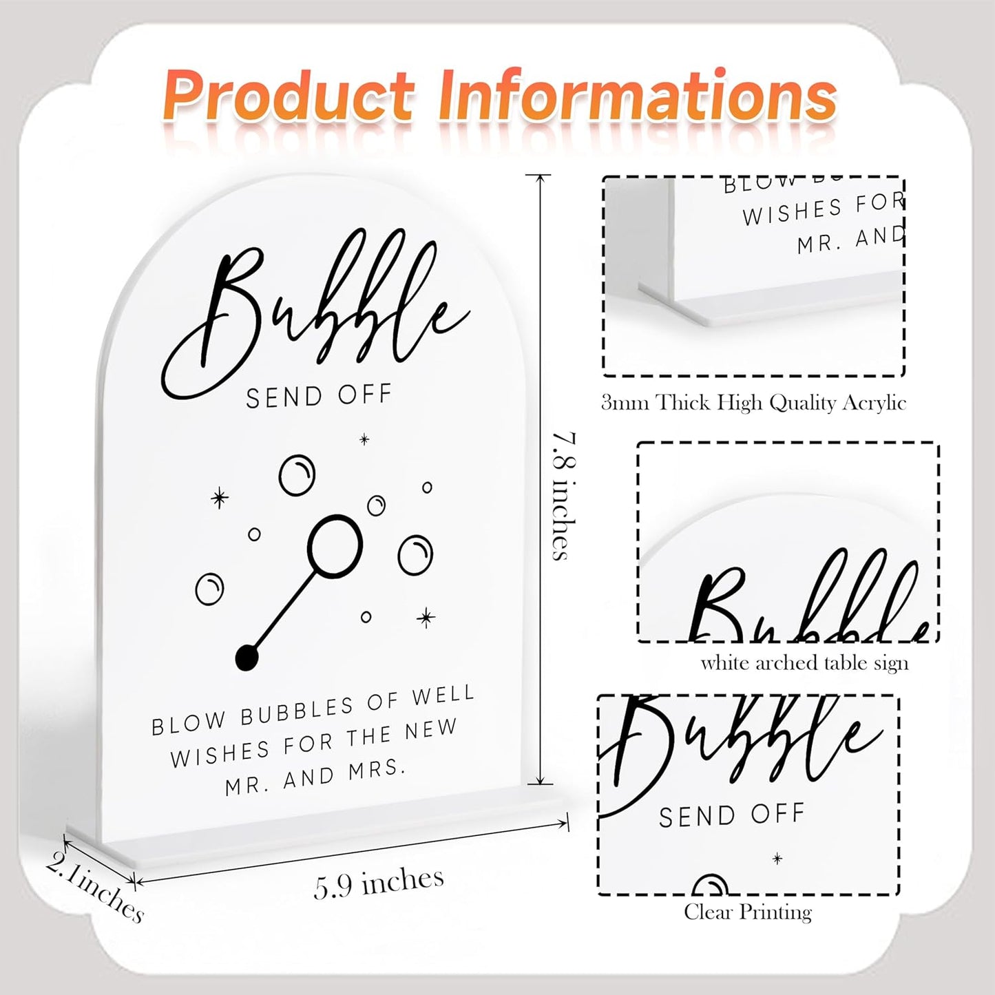 Bubble Send Off Sign for Wedding, White Arch Acrylic Sign, Wedding Reception Decorations, Bridal Shower Decor, Engagement Party Decor, Centerpiece Table Decorations Party for Bride and Groom-20