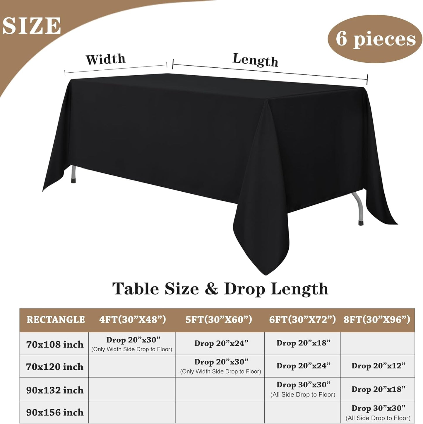 Fitable Black Rectangle Tablecloths for 6 Foot Tables, 6 Pack - 70 x 108 Inches - Stain Resistant and Washable Table Clothes, Polyester Fabric Table Covers for Wedding, Party, Banquet, Buffect
