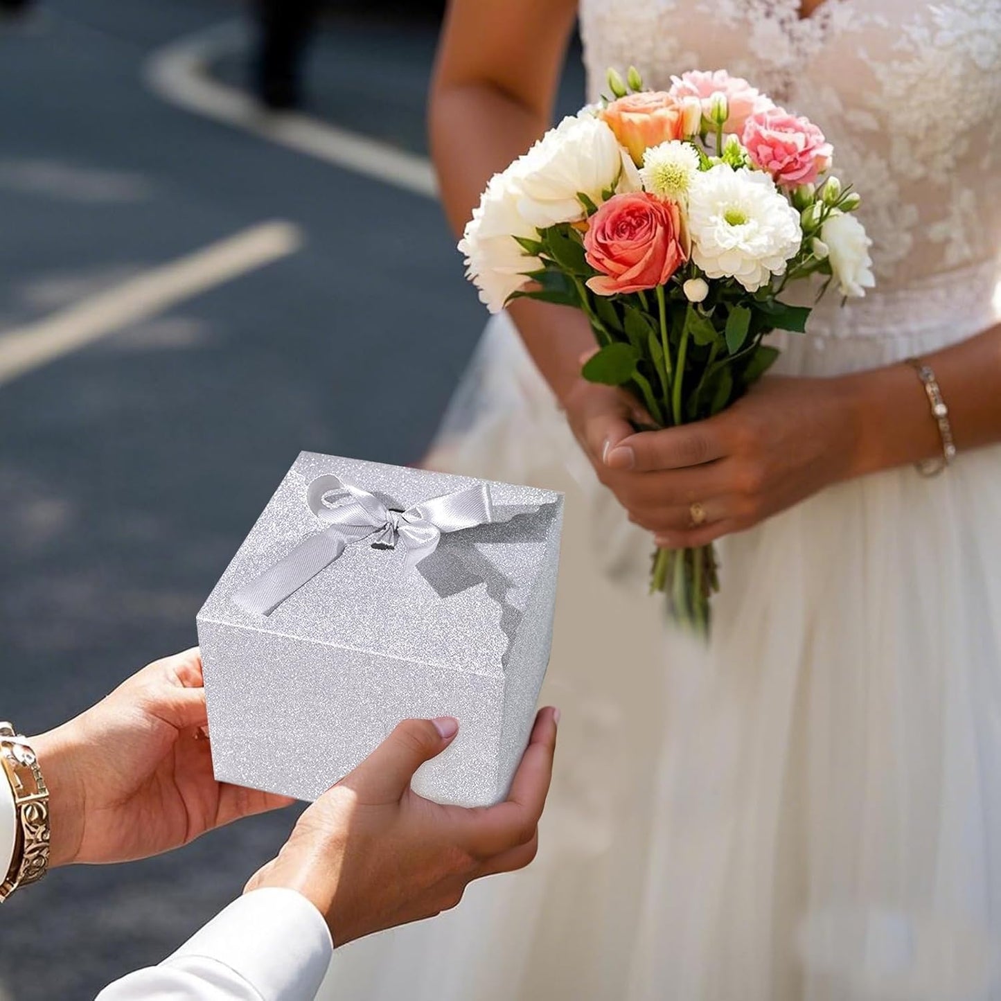 VGOODALL Sliver Glitter Gift Boxes, Paper Treat Boxes Shiny Candy Box with Ribbon for Wedding Cookie Chocolates Small Gifts