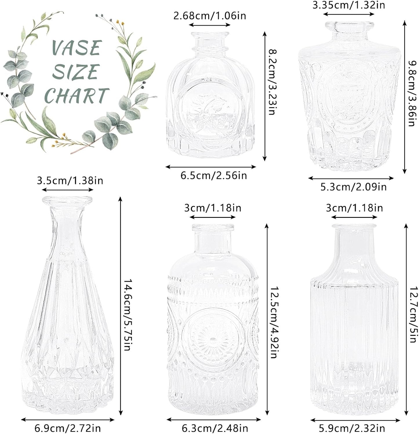 Glass Bud Vase Set of 5, Clear Small Flower Vases for Centerpieces in Bulk, Mini Vintage Vase for Rustic Wedding, Home,Table