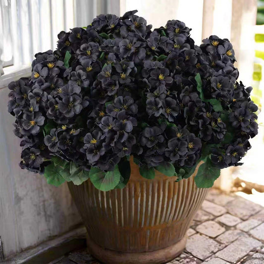 Hananona 12 Pcs Artificial Geranium Flowers for Outdoors Geranium Silk Flowers Outdoor UV Resistant Garden Plants Faux Black Flower for Home Kitchen Halloween Table Centerpieces Decor (12, Black)