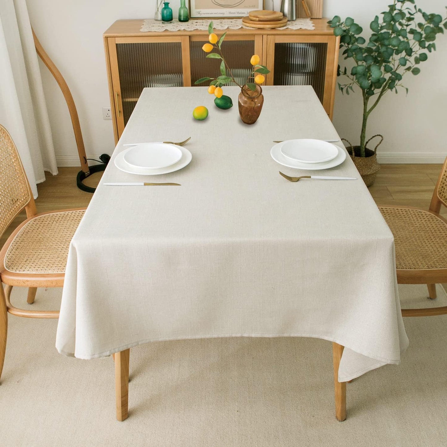 NLMUVW Ivory Table Cloth for Rectangle, Linen Textured Tablecloth Rustic Water Resistant Table Cover for Kitchen Dining and Party, 54 x 96 Inch