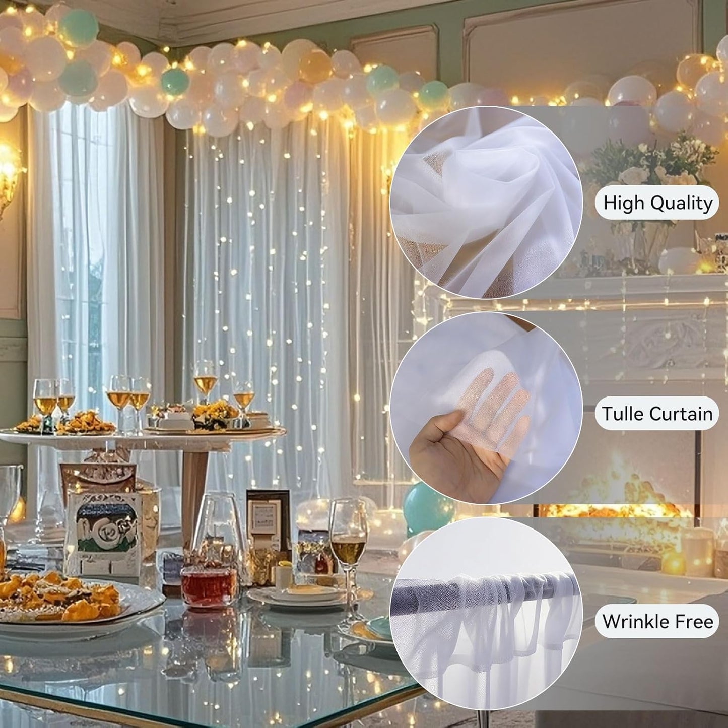 10×10ft Tulle Backdrop Curtains with Lights String - 300LED Fairy Lights Sheer Curtain Backdrop for Weddings Baby Shower and Birthday Party Decorations(6 Panels 5×10ft)