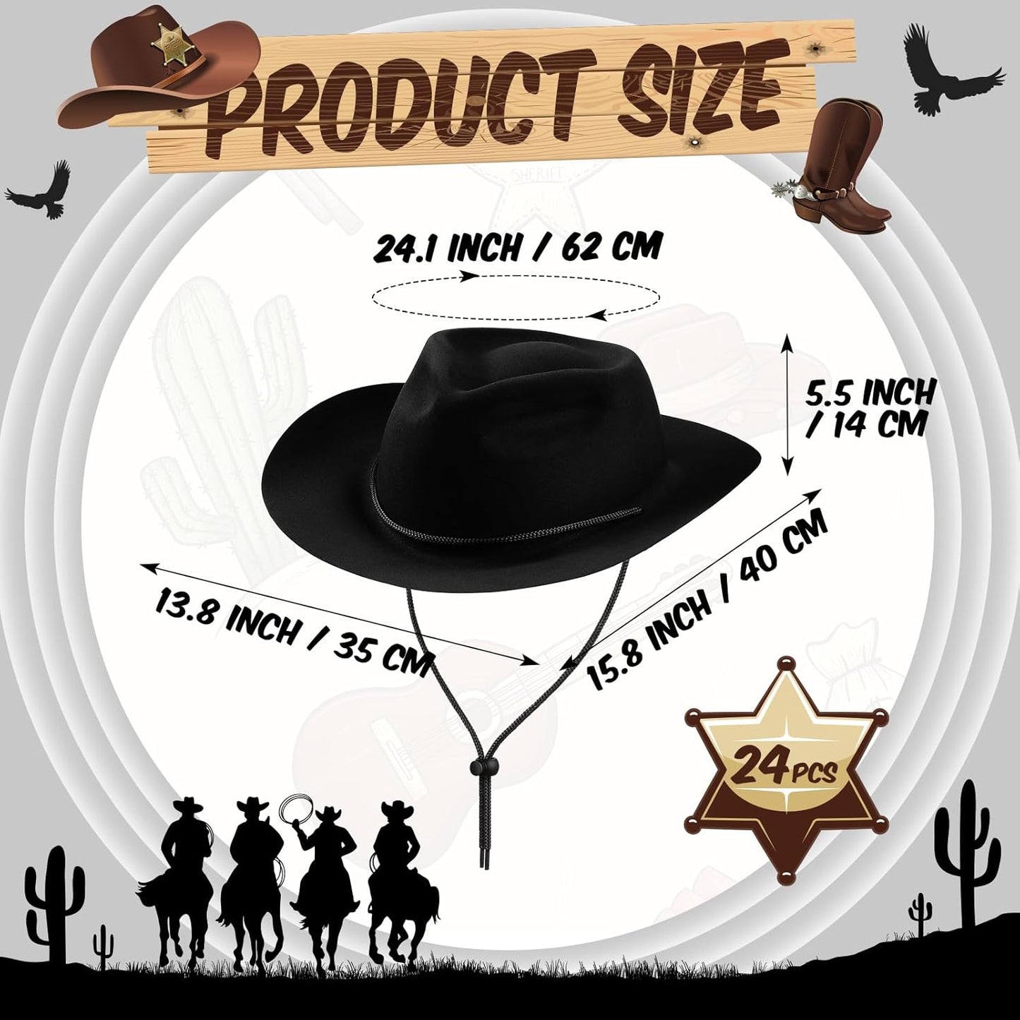 Mepase 24 Pieces Disposable Plastic Western Cowboy Hat Set Felt Wide Brimmed Cowgirl Hats for Men Women Costume Party(Black)