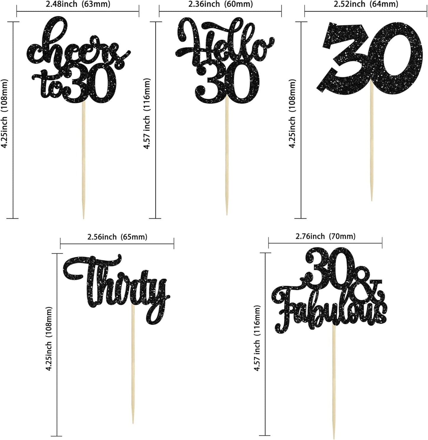 30Pcs Happy 30th Birthday Cupcake Toppers Black Glitter Thirty Cheers to 30 Birthday Cupcake Picks for Happy 30th Birthday Anniversary Party Cake Decorations Supplies