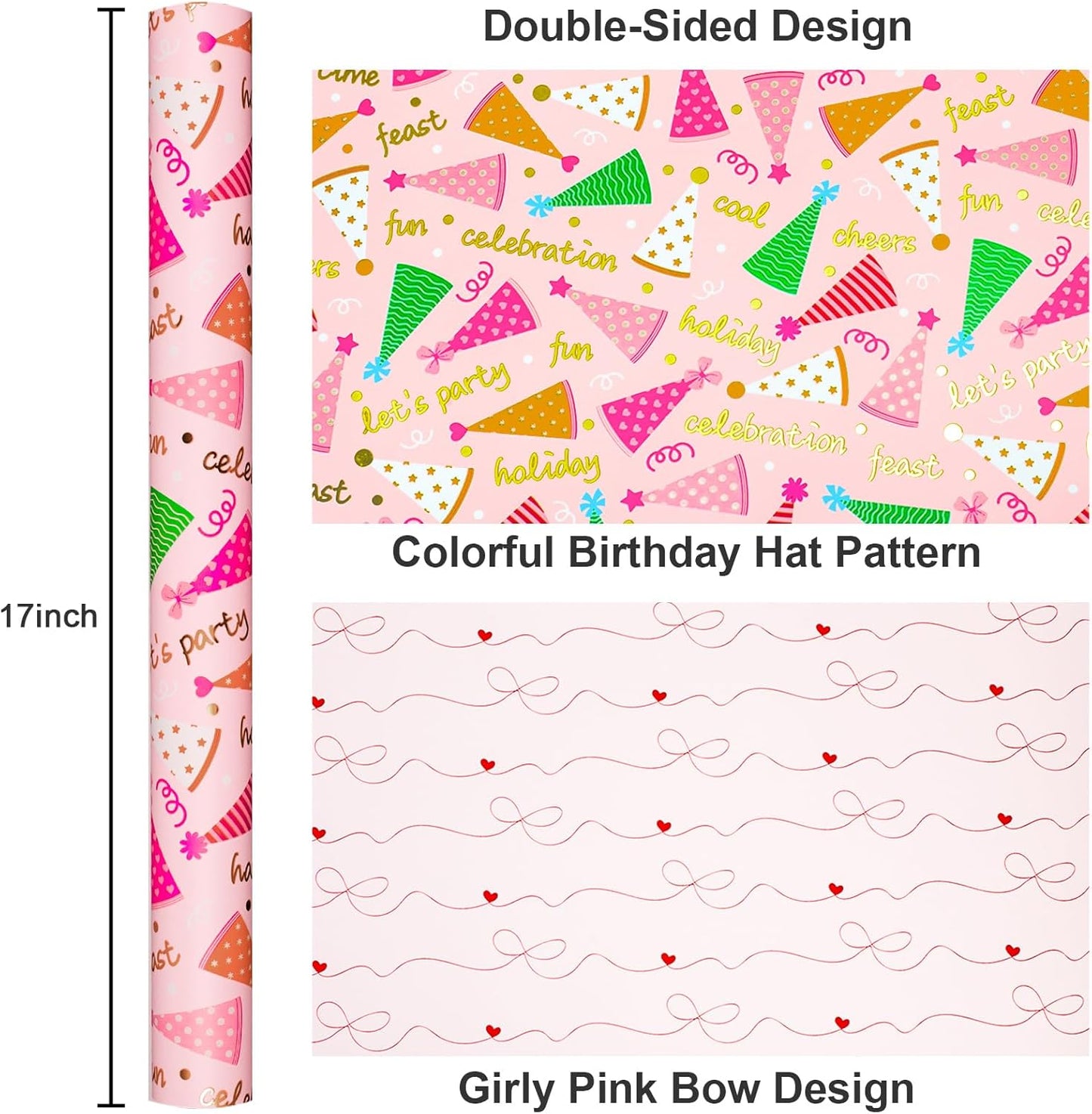 Yarcony Pink Birthday Wrapping Paper for Girl Women, Metallic Foil Girly Party Hat, Bow Design Happy Birthday Gift Wrap Paper for Kid Party, Baby Shower, Holiday (Mini Roll, 17 Inch X 33 Feet)
