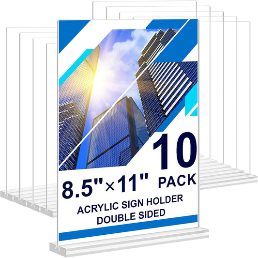 Acrylic Sign Holder 8.5 x 11,10 Pack Clear Sign Holder Double Sided Table Menu Vertical Desktop Display Stand Paper Flyer Holder Tabletop Sign Holder Suitable for Restaurants, Office, Store, Hotels