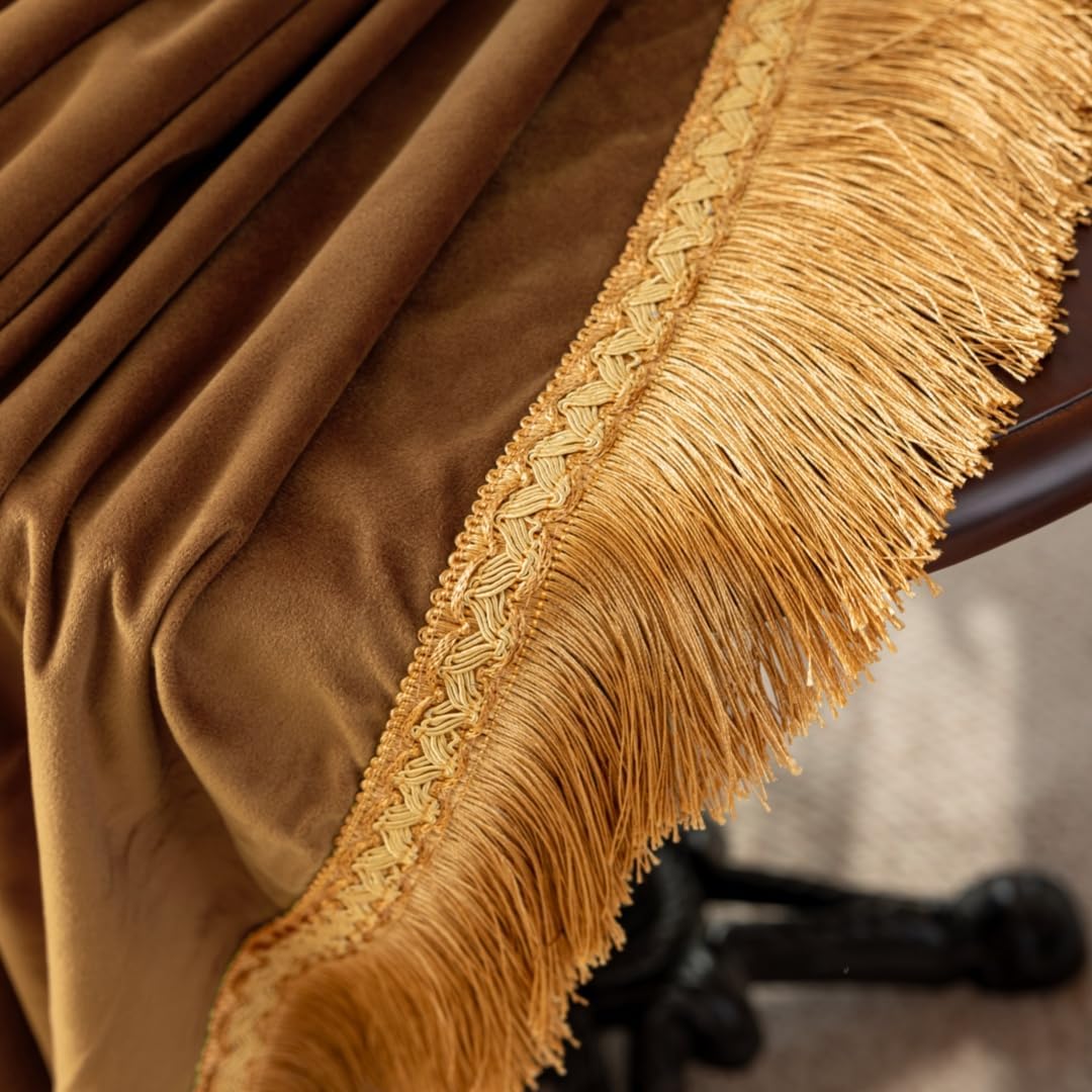 F-CHU Luxury Camel Tablecloth Thickset Velvet Tablecloth with Beautiful Gold Tassels Vintage Table Cloth for Home Decor Wedding, Party, Banquet and Events 60" Round