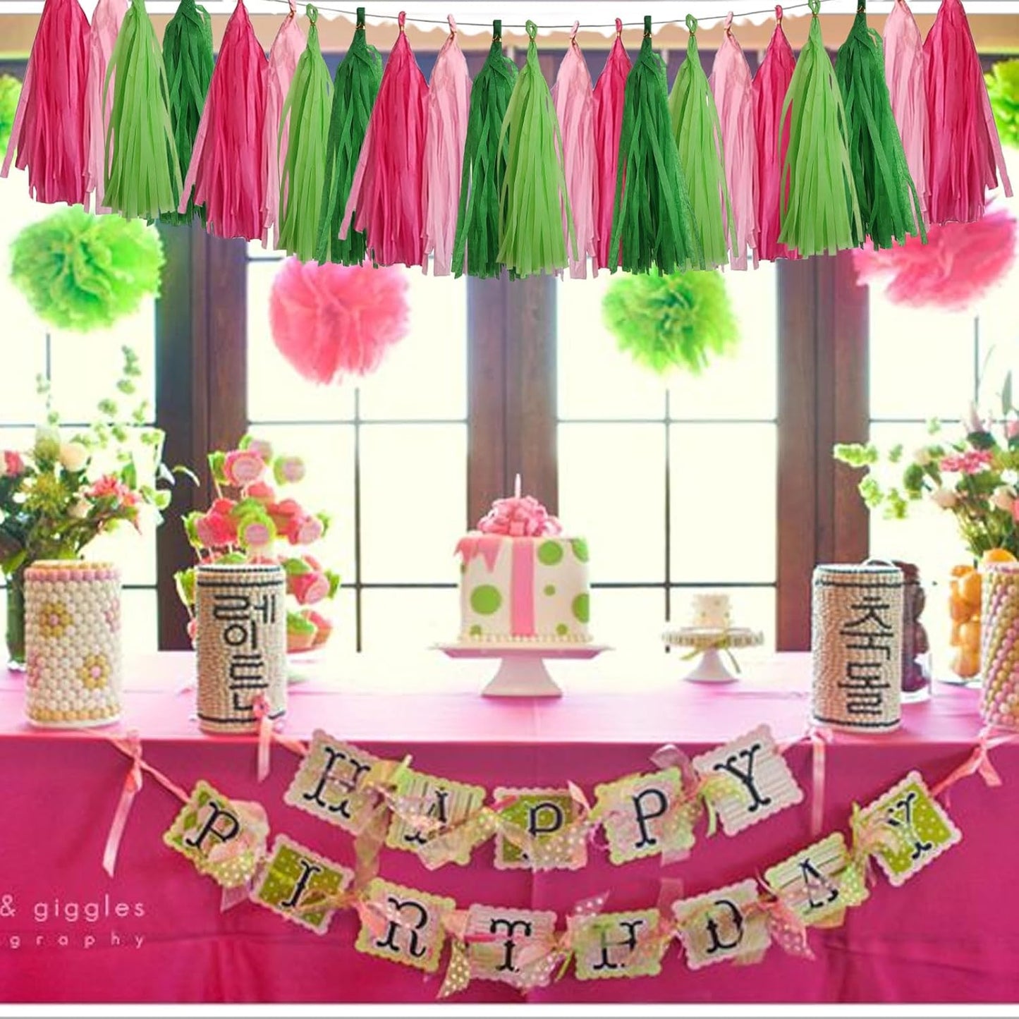 CC wonderland zone Pink and Green Tassel Garland,Paper Tissue Tassel Banner for Party Decorations,Pack of 20