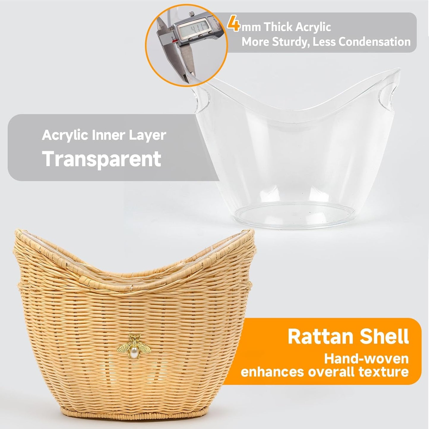 Lexenic Ice Bucket with Handle Hole, Woven and Acrylic Double Layer Basket Design, 4L Champagne Wine Ice Bucket for Cocktail Bar, Parties, Picnics- Anti Frozen Hands Anti Water Leakage (Rattan)