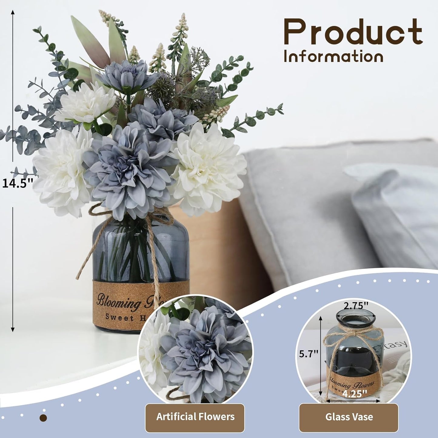 Fake Flowers with Vase,Silk Artificial Flowers in Vase,Fake Plants and Faux Flower Arrangement for Centerpiece Kitchen Table Decorations,Home Decor