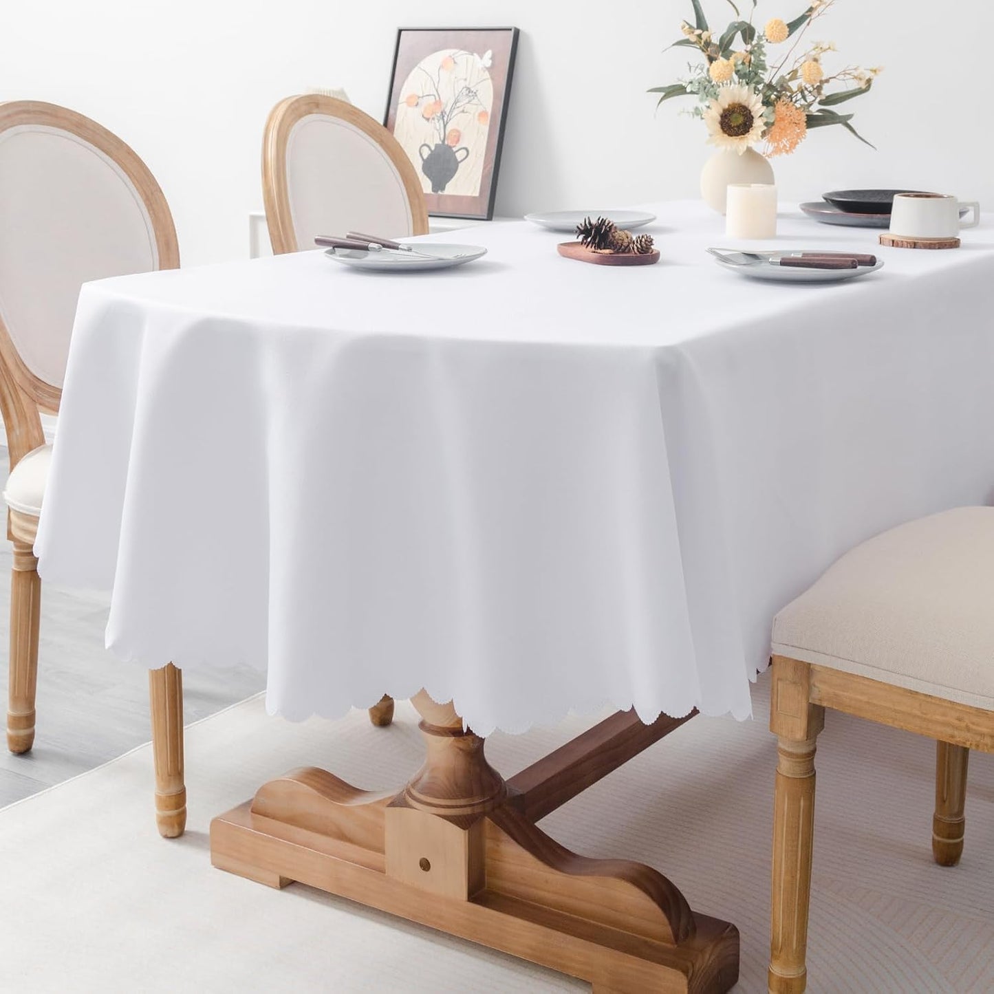 Oval White Tablecloth 60 x 84 Inch Polyester Fabric Washable Table Cloth Decorative Solid Color Wrinkle Resistant Table Cover for Dining Party Wedding Camping