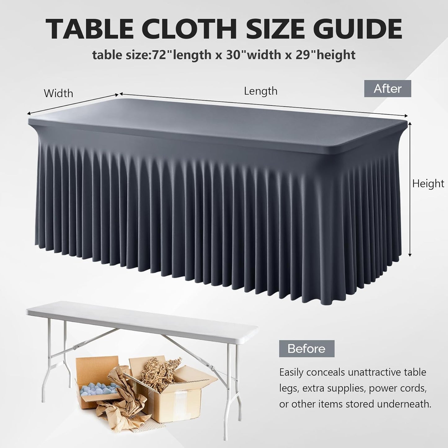 Wish Care 6 Pack Gray Spandex Table Clothes for 6 Foot Rectangle Tables, 6FT Wrinkle Free Fitted Tablecloths Ruffles Design Table Cover for Party, Banquet, Wedding and Events