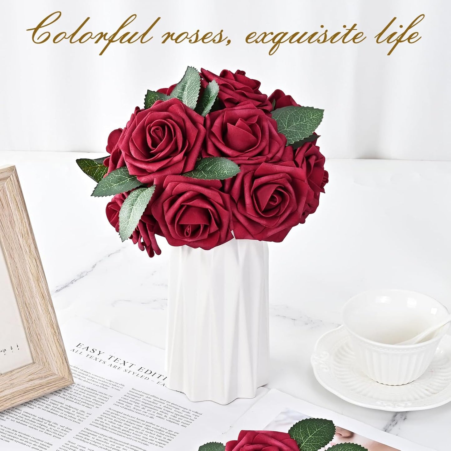 BLEUM CADE 36Pcs Artificial Flowers Fake Roses with Stems, Burgundy Boxed Foam Roses for DIY Bouquets Centerpieces Wedding Party Arrangement Bridal Shower Decor