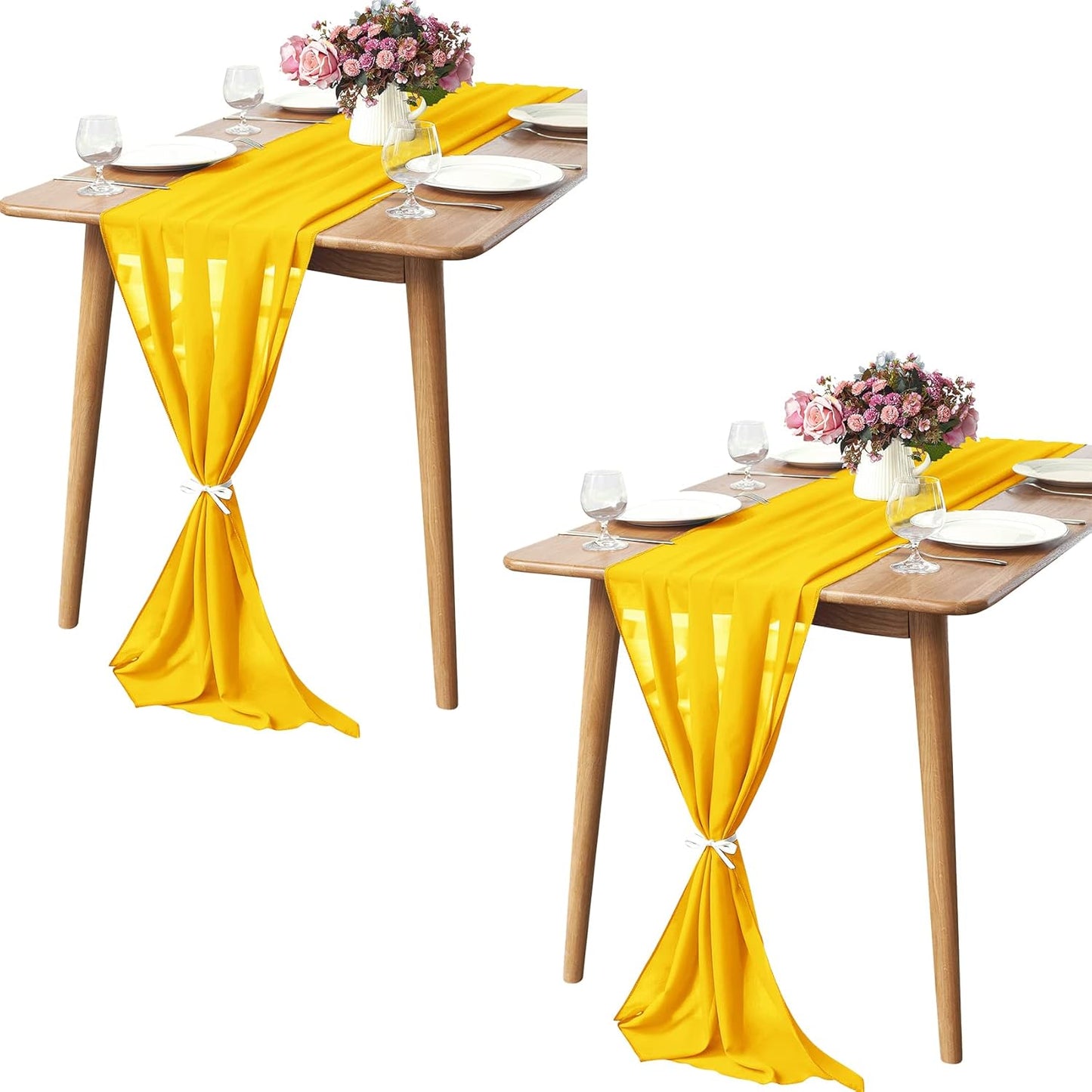 2 Pack 10Ft Chiffon Yellow Table Runner Sheer 29x120 Inch for Romantic Wedding Decor Bridal & Baby Shower Birthday Rustic Party Decoration