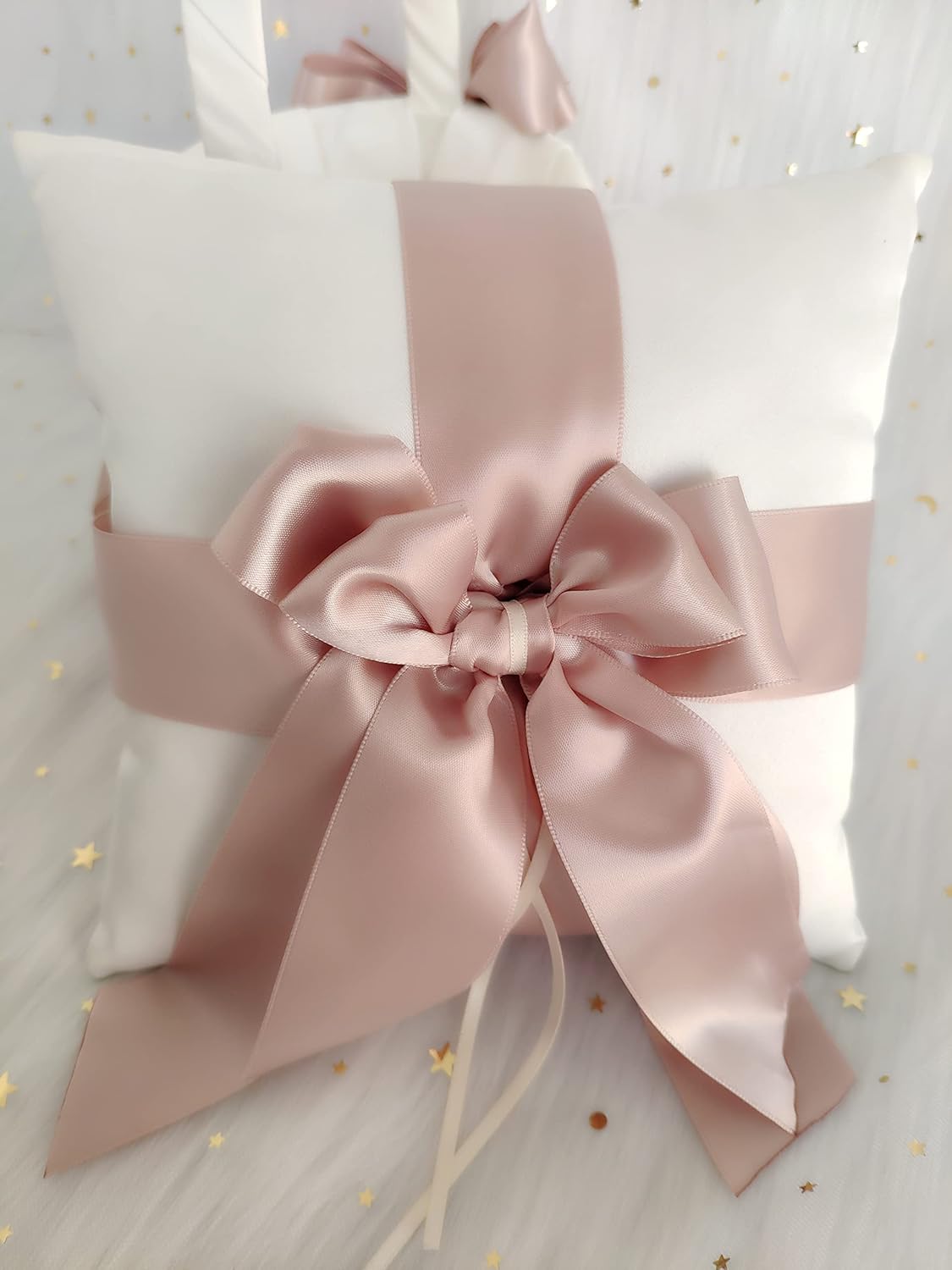 White Ring Bearer Pillow with Double Ribbon Bow Décor for Wedding Ceremony Vow Renewal Baby Shower Party Favor (Pillow)